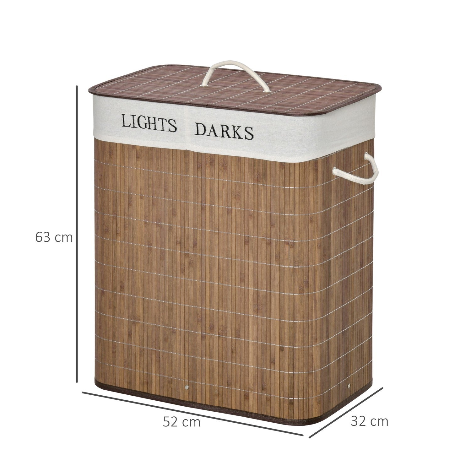100L tvättkorg – bambu, bomull, 3 handtag, tvättbar