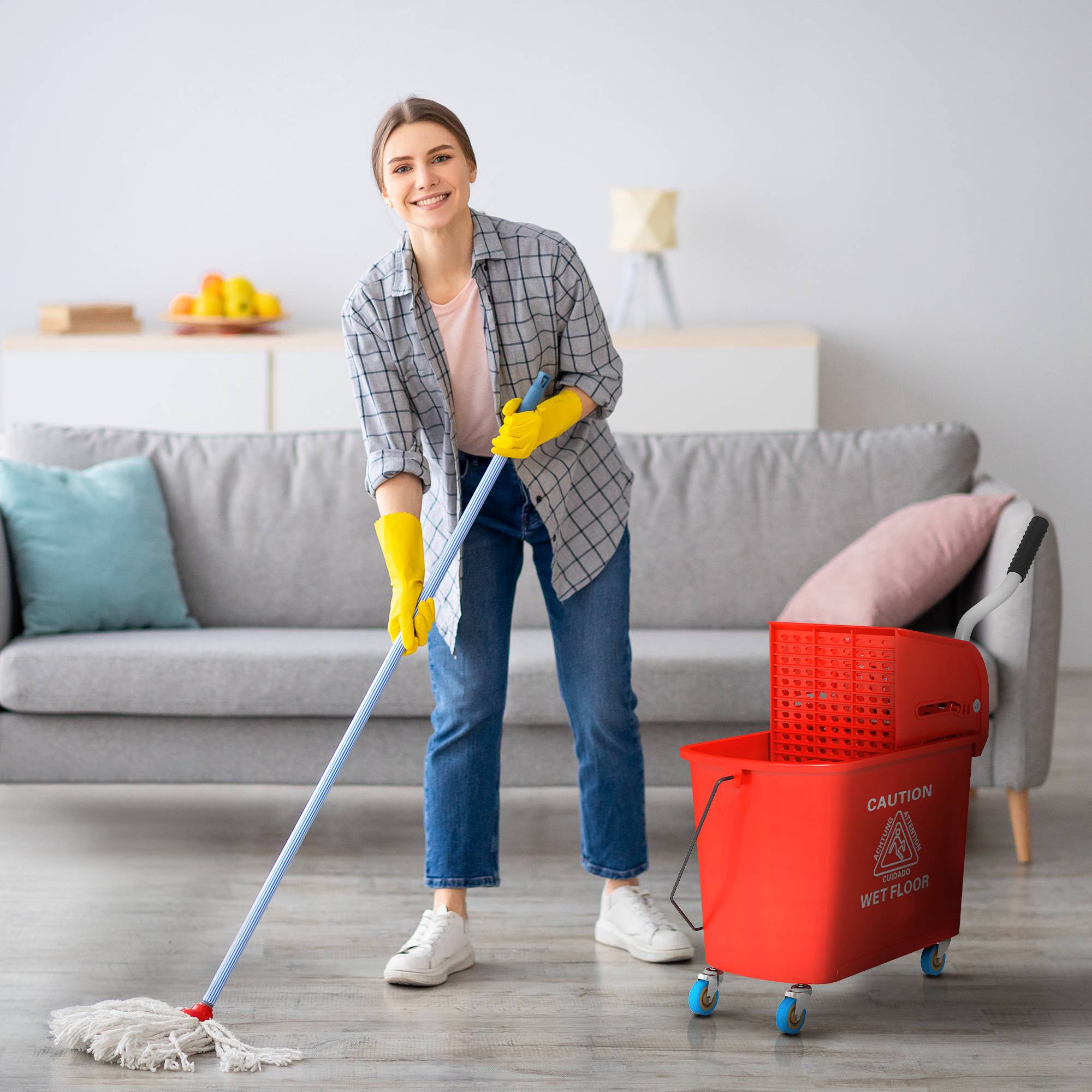 20L mopphink med vrider, hjul, röd plast