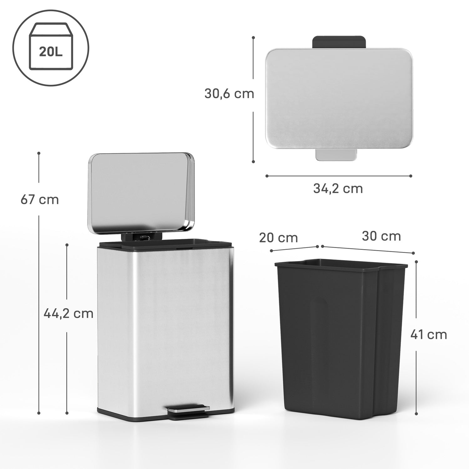 20L pedalhink med mjukstängande lock, avtagbar innerhink