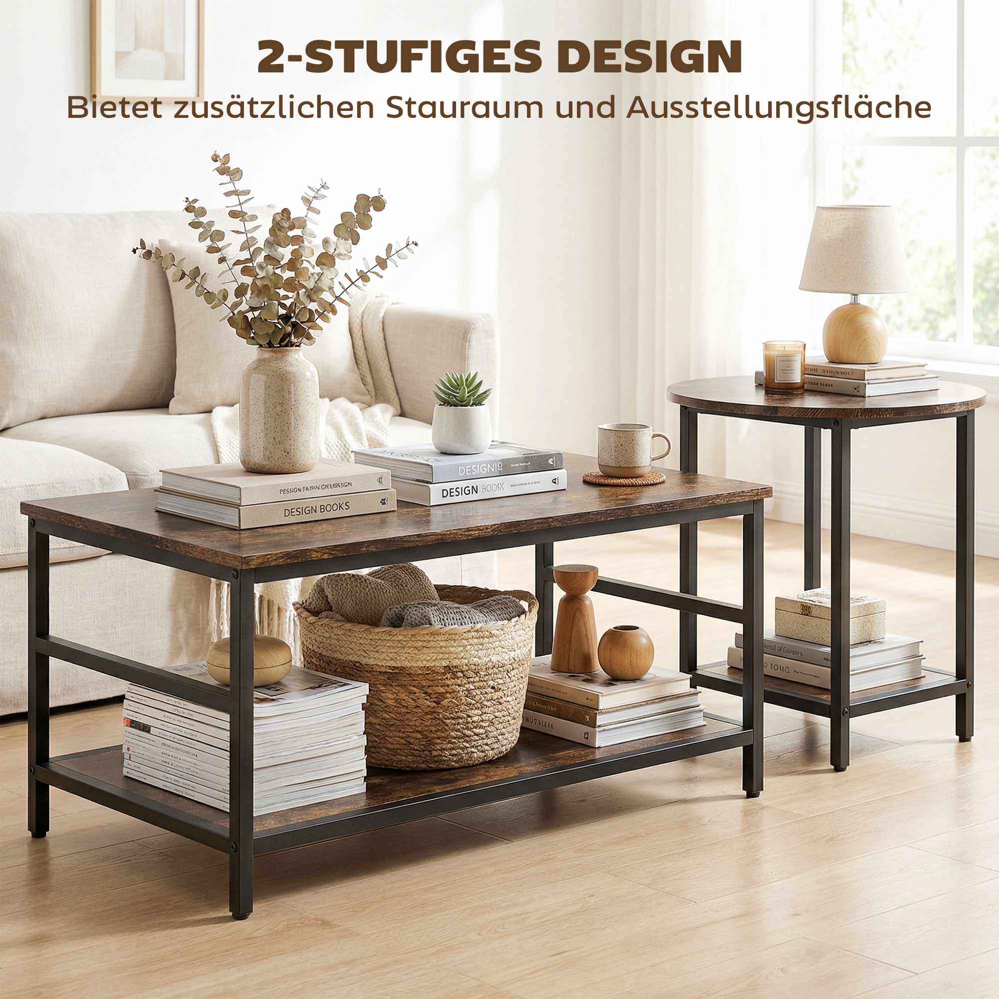2-delat soffbordsset med förvaring, rustik brun