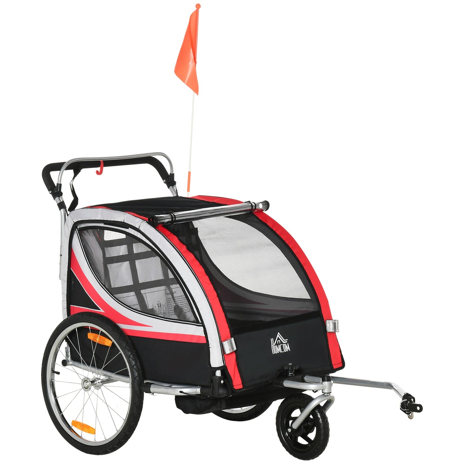 2-i-1 barncykelvagn med fjädring och broms, röd/svart