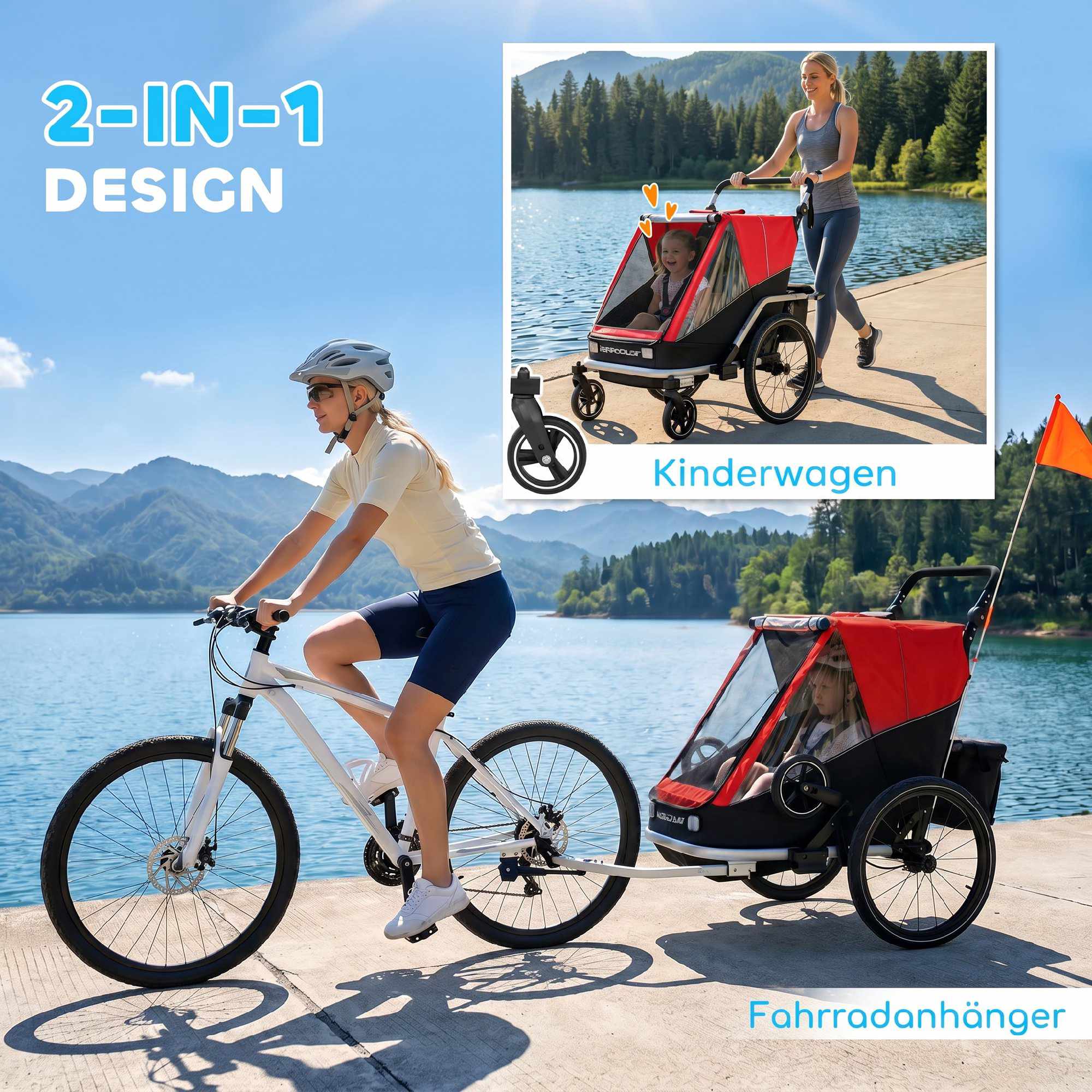 2-i-1 cykelvagn för barn, 2-sits, röd
