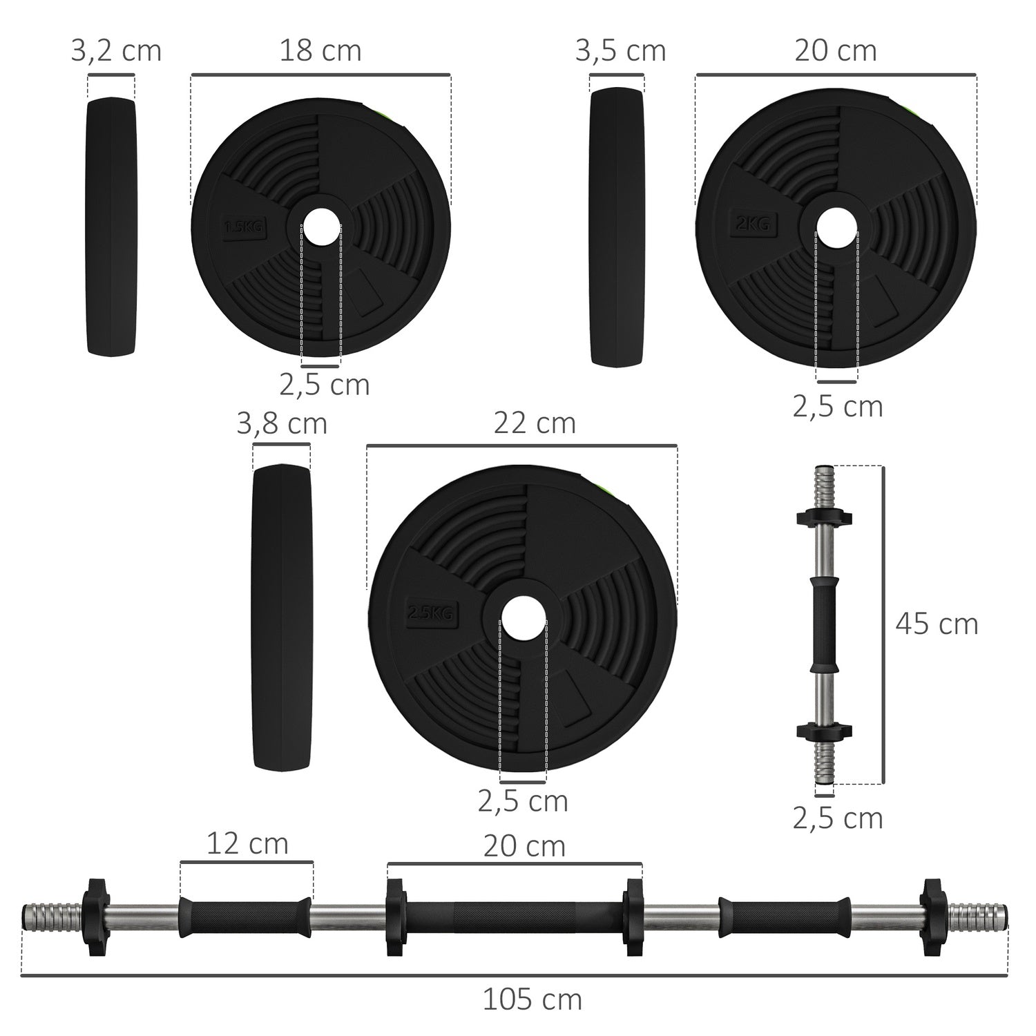 2-i-1 hantelset, justerbar 25 kg, halkfri, svart/grön