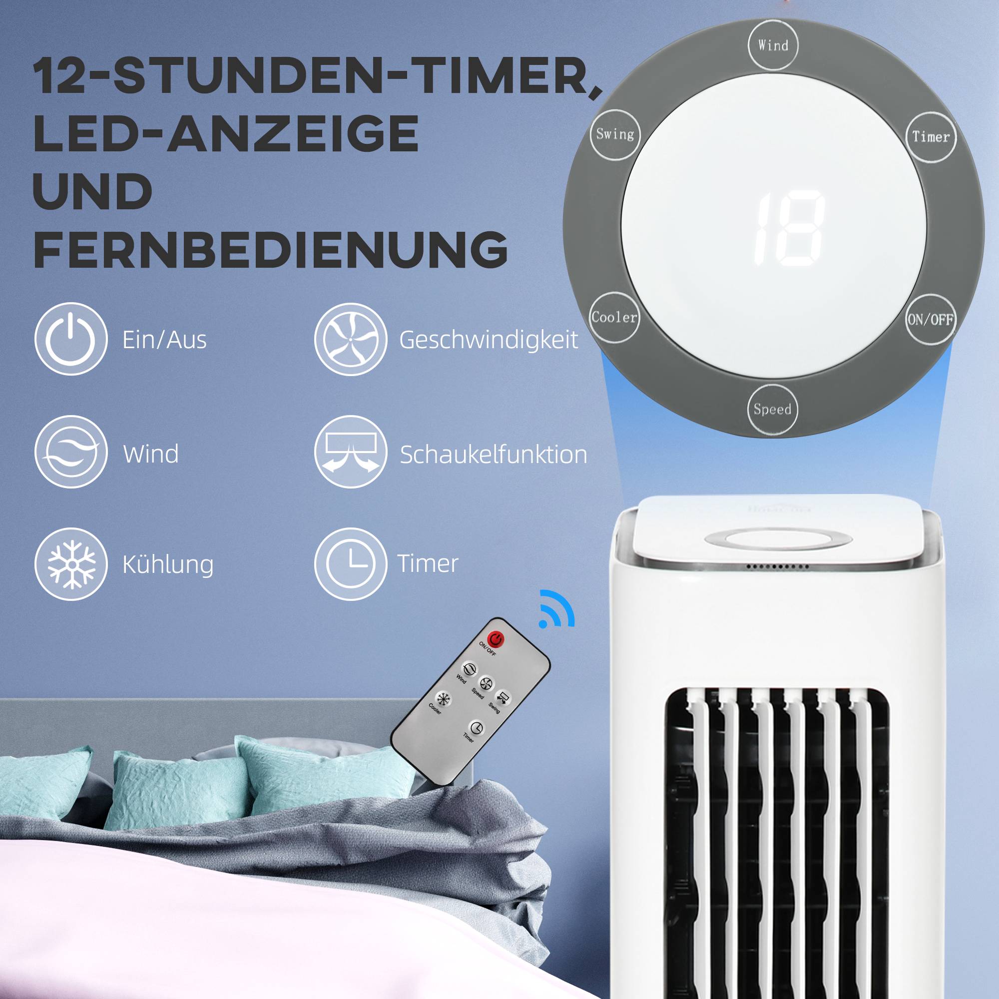 2-i-1 luftkylare med 5 liters tank, 12 timmars timer, för 20㎡