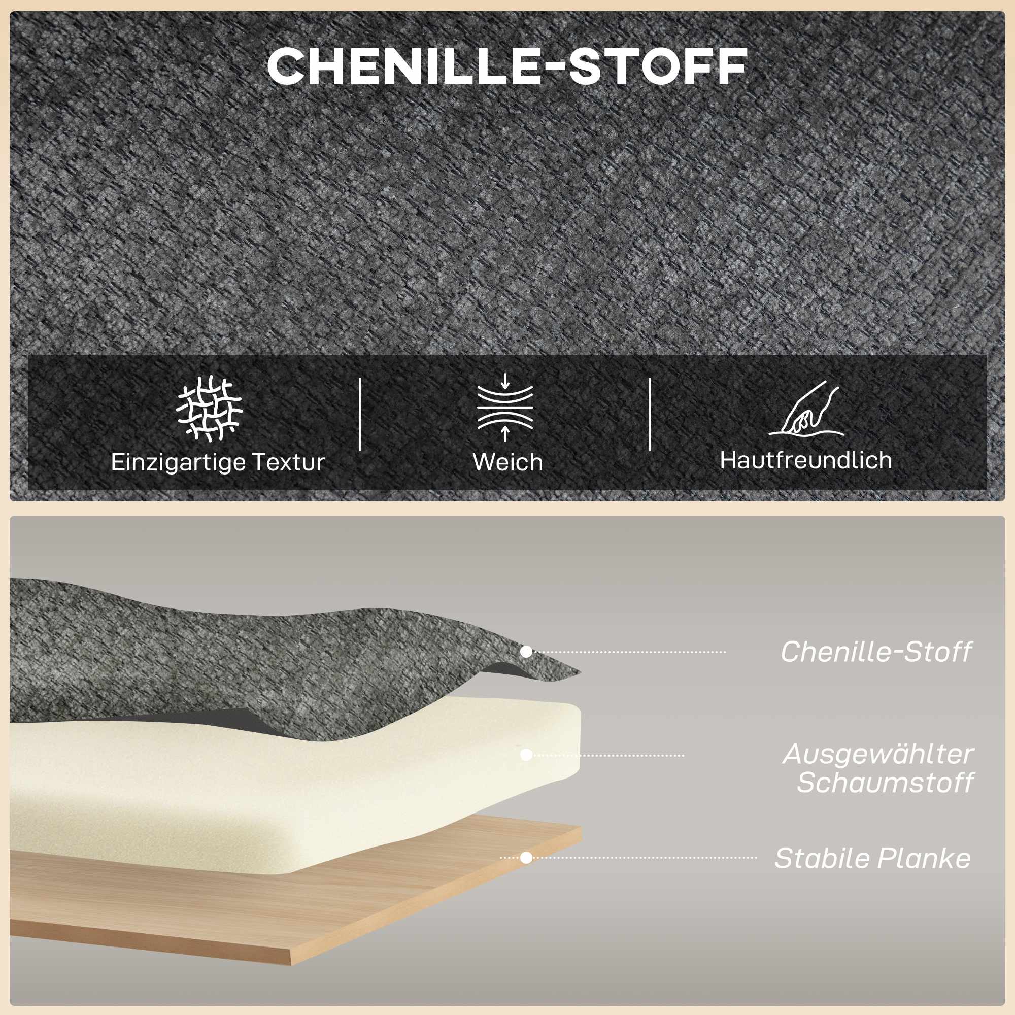 2-sits chenillesoffa, vingrygg, ben i gummiträ, grå