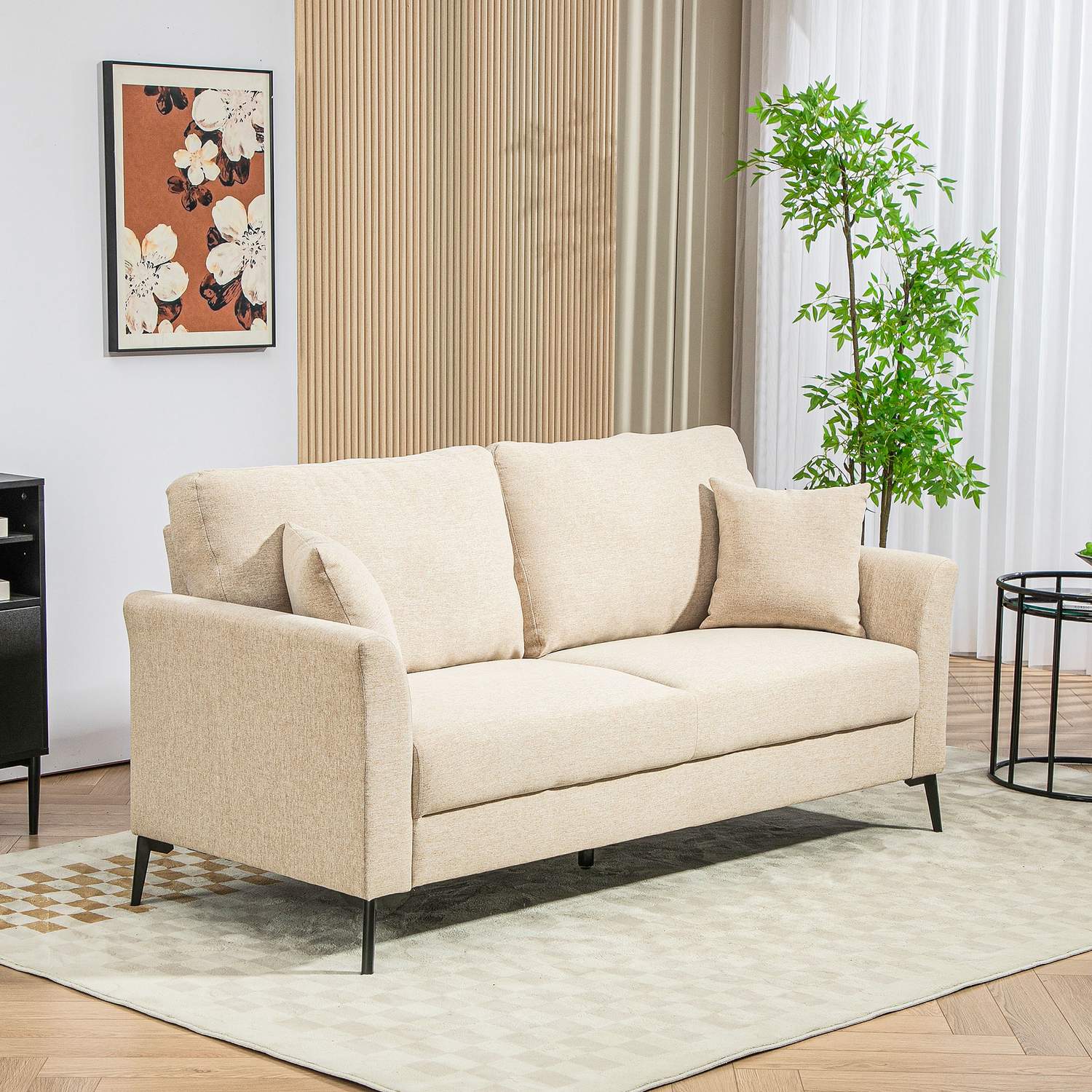 2-sits linnesoffa, metallben, beige klädsel