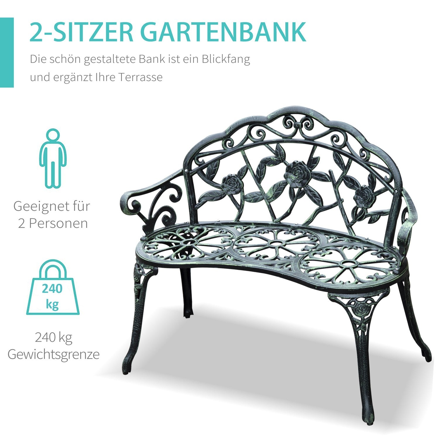 2-sits metall trädgårdsbänk – 100 x 54 x 78 cm