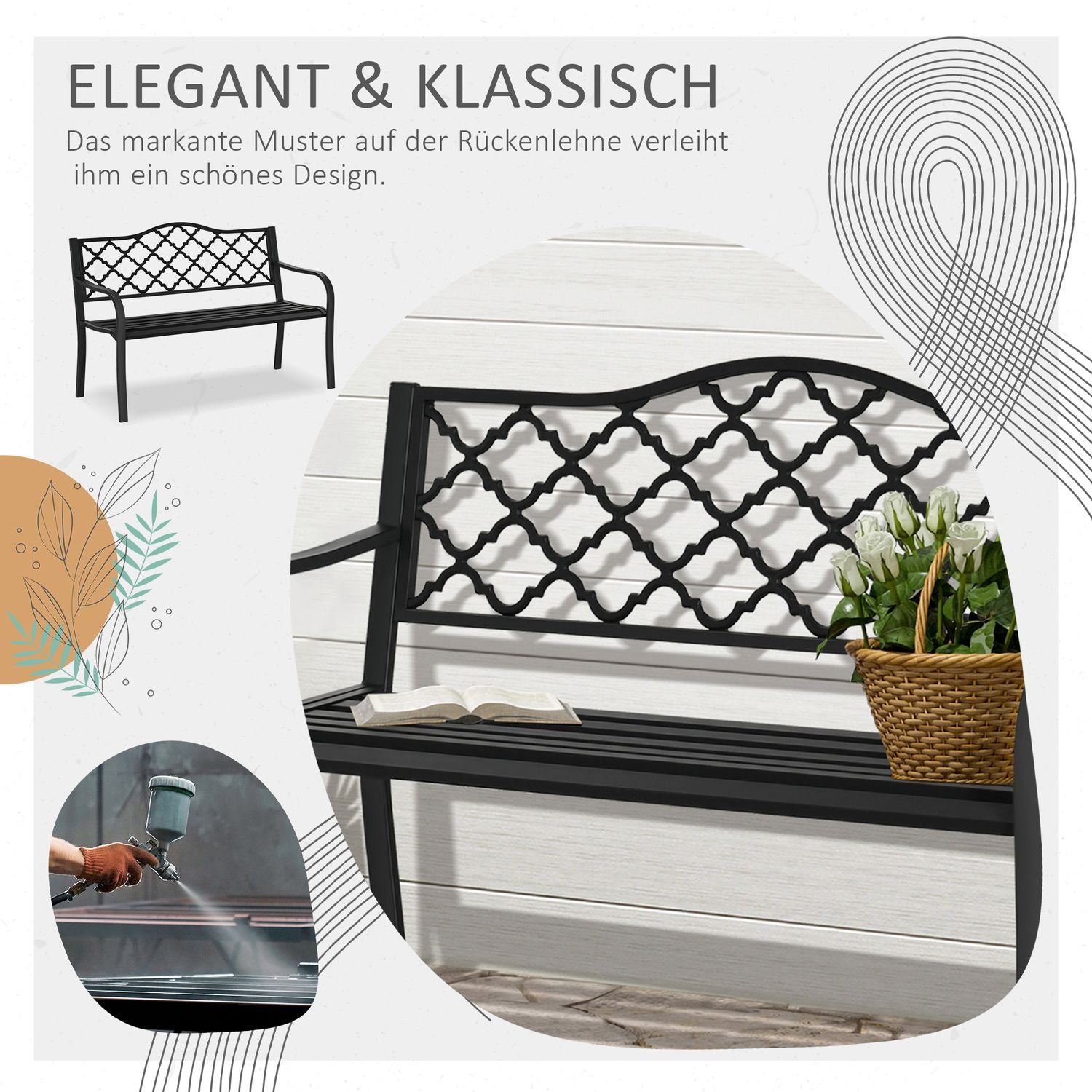 2-sits metall trädgårdsbänk, elegant svart gjutjärn