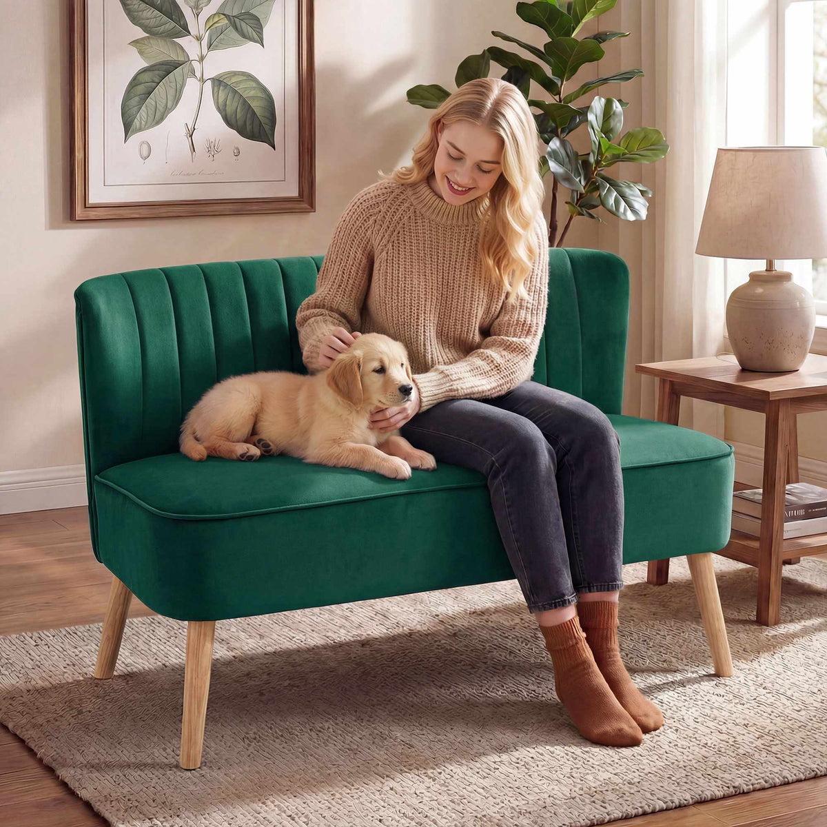 2-sits retrosoffa, mörkgrön, träben, 117 cm