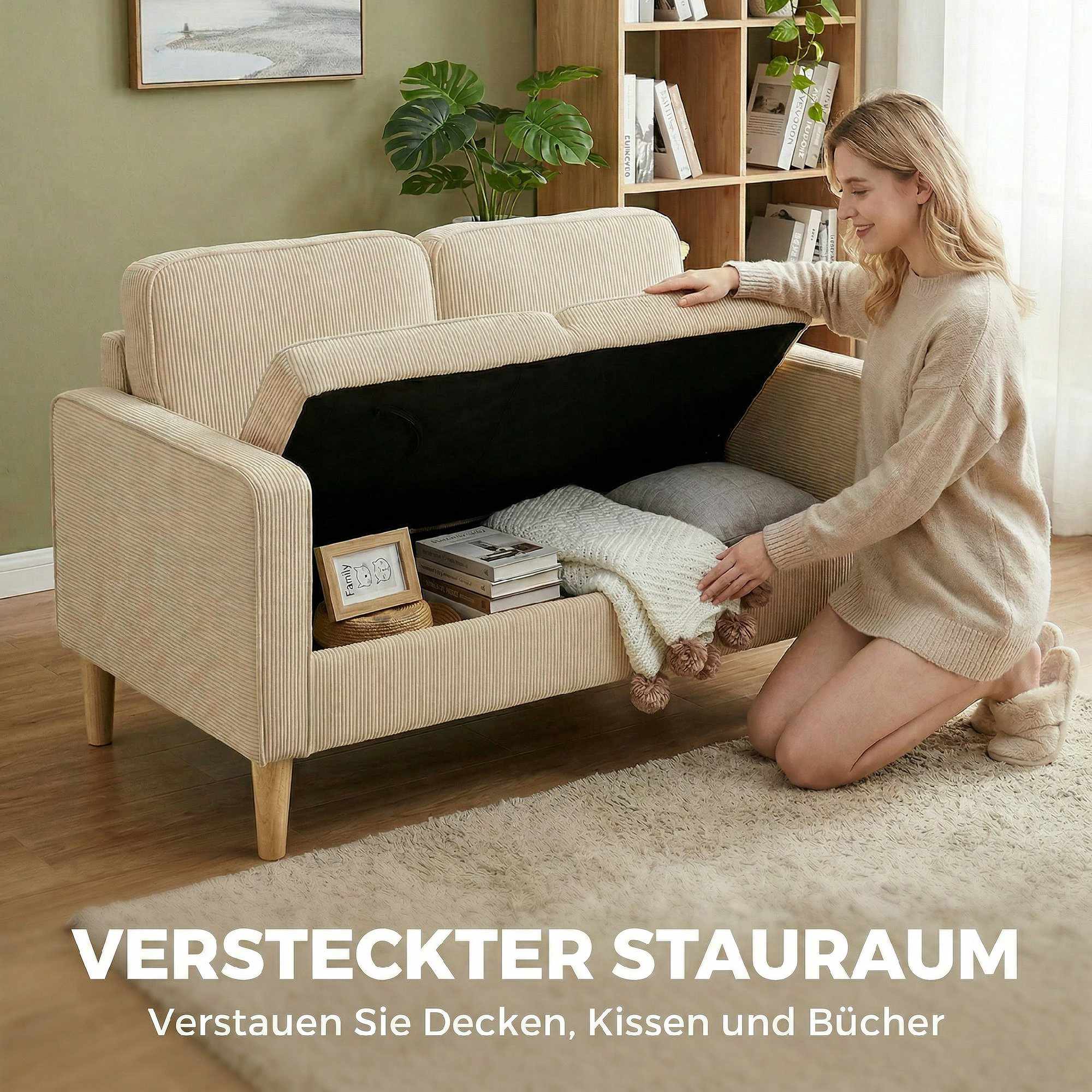 2-sits soffa i manchester med förvaring, beige, 117 x 63 cm