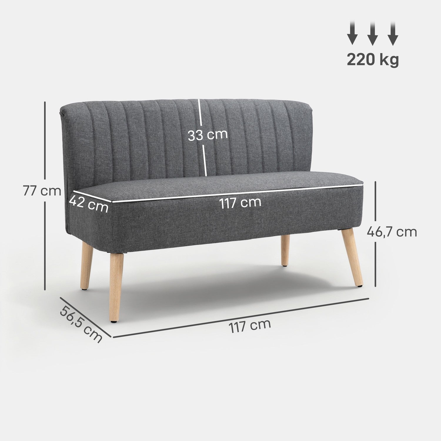 2-sitssoffa, linne-look, träram, 117 cm, grå