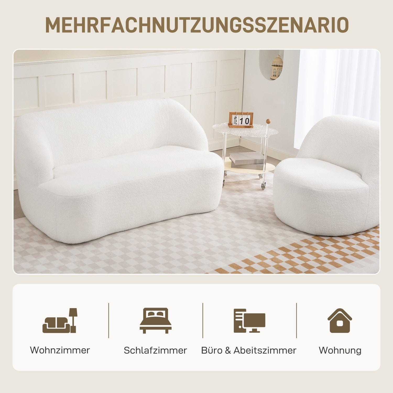 2-sits soffa, svängd design, fleeceklädsel, krämvit