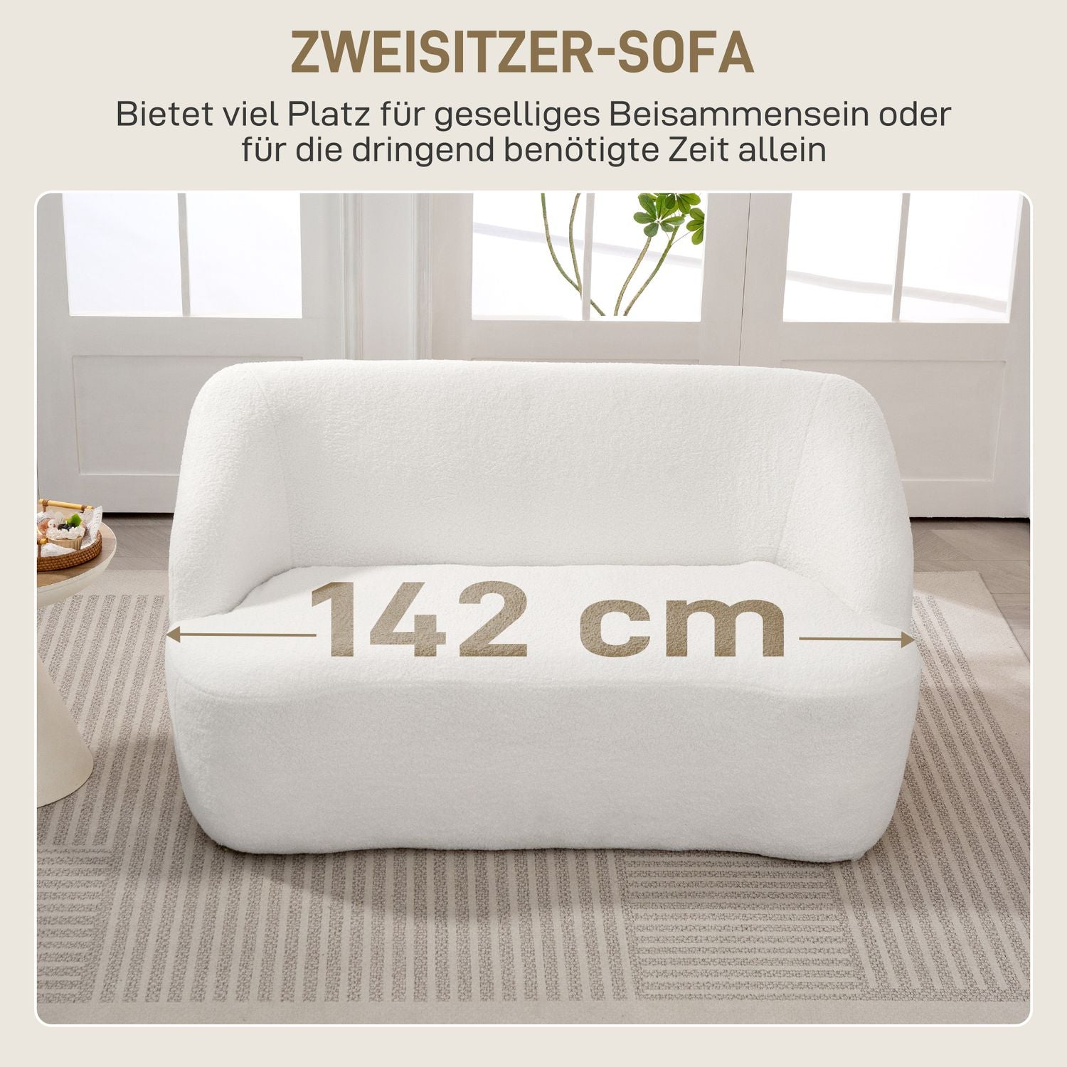 2-sits soffa, svängd design, fleeceklädsel, krämvit
