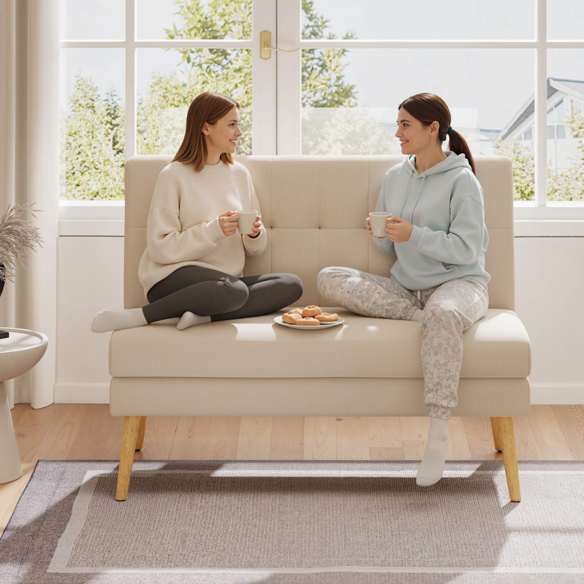 2-sitssoffa, tuftad rygg, träben, linne-look, beige