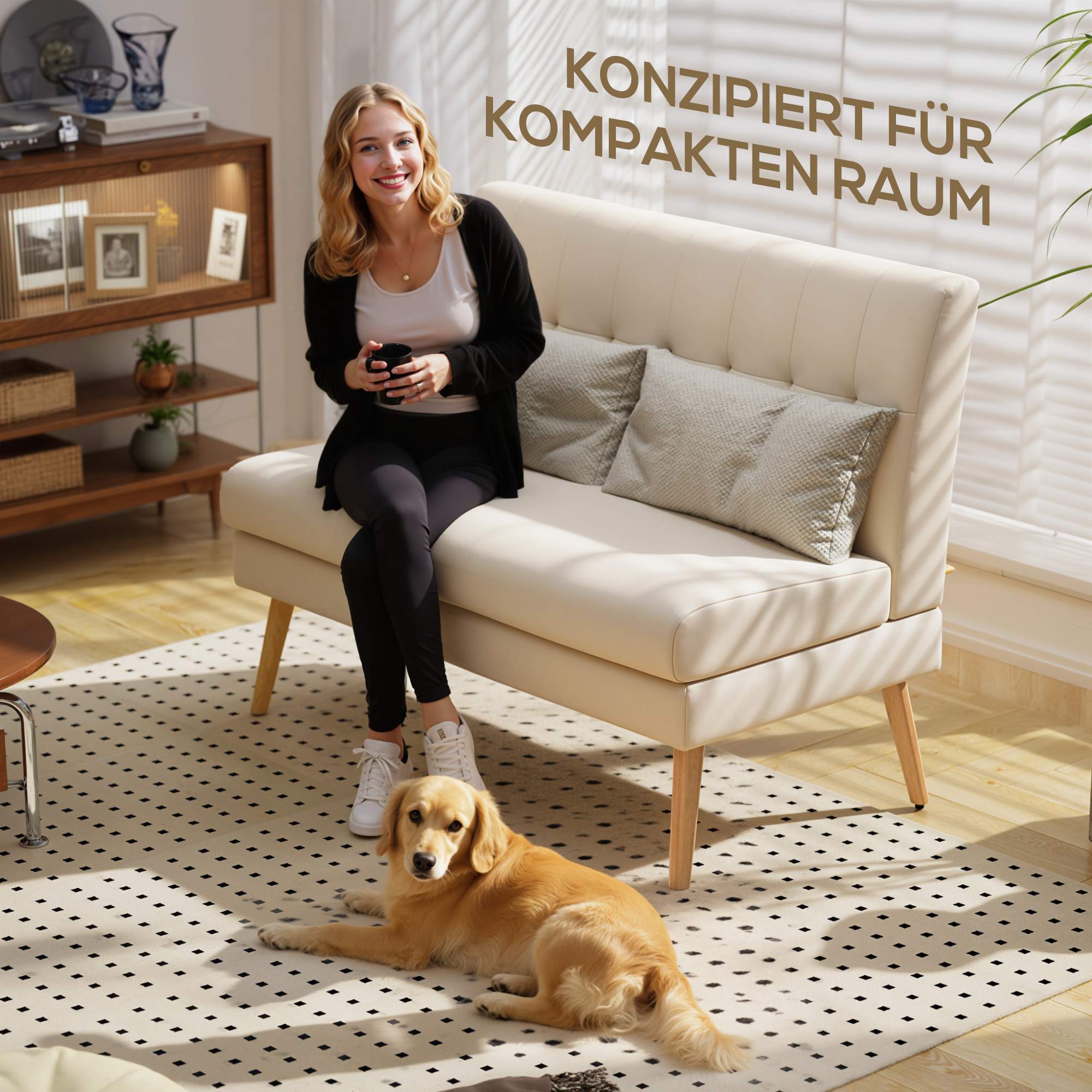 2-sitssoffa, tuftad rygg, träben, linne-look, beige