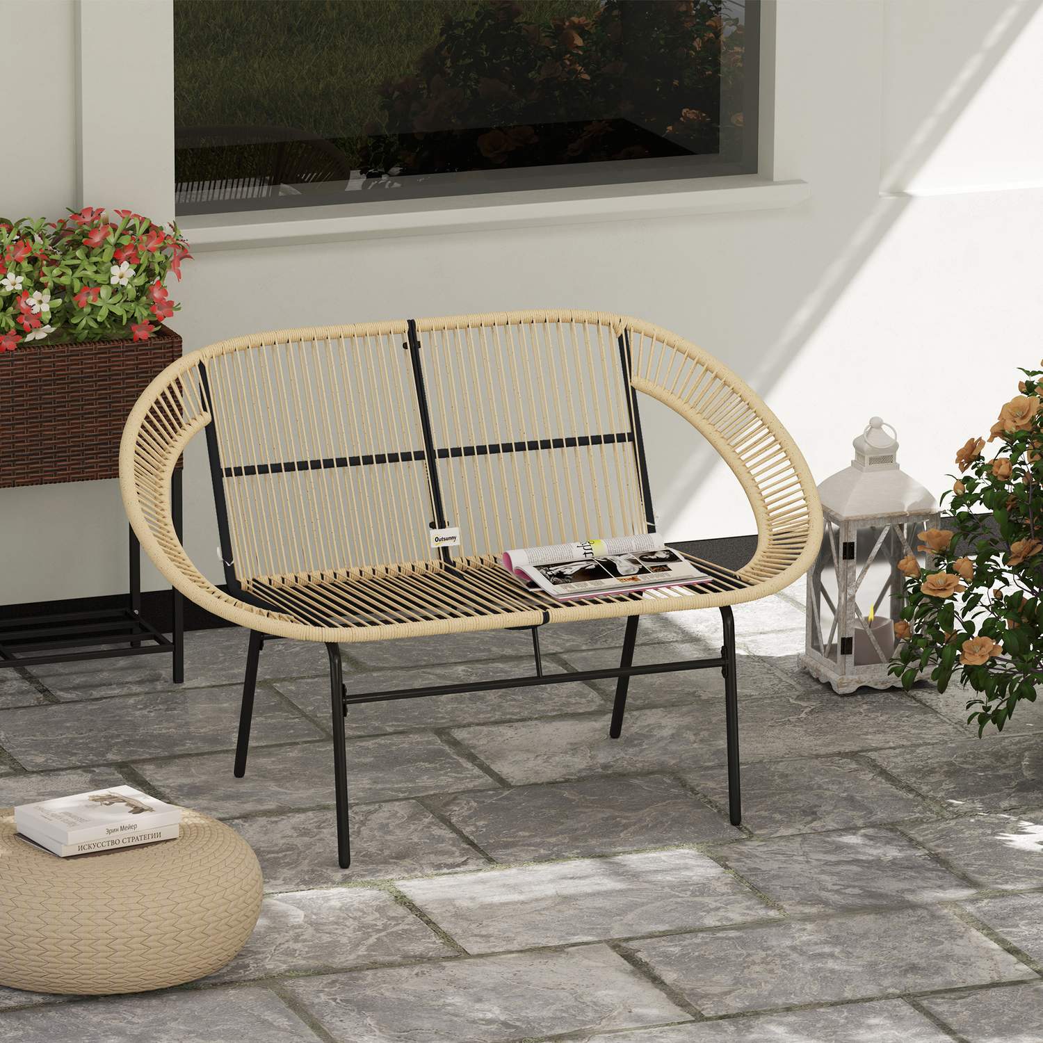 2-sits väderbeständig polyrattan trädgårdsbänk, UV-beständig