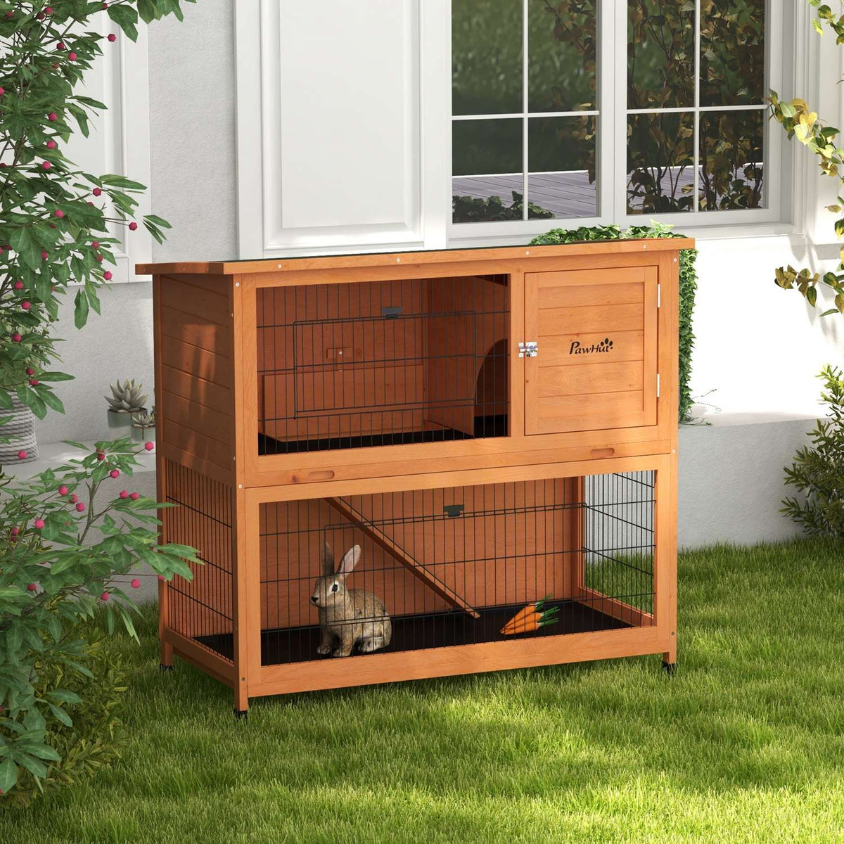 2-stöckiger Kaninchenstall aus Holz mit Outdoor-Rampe