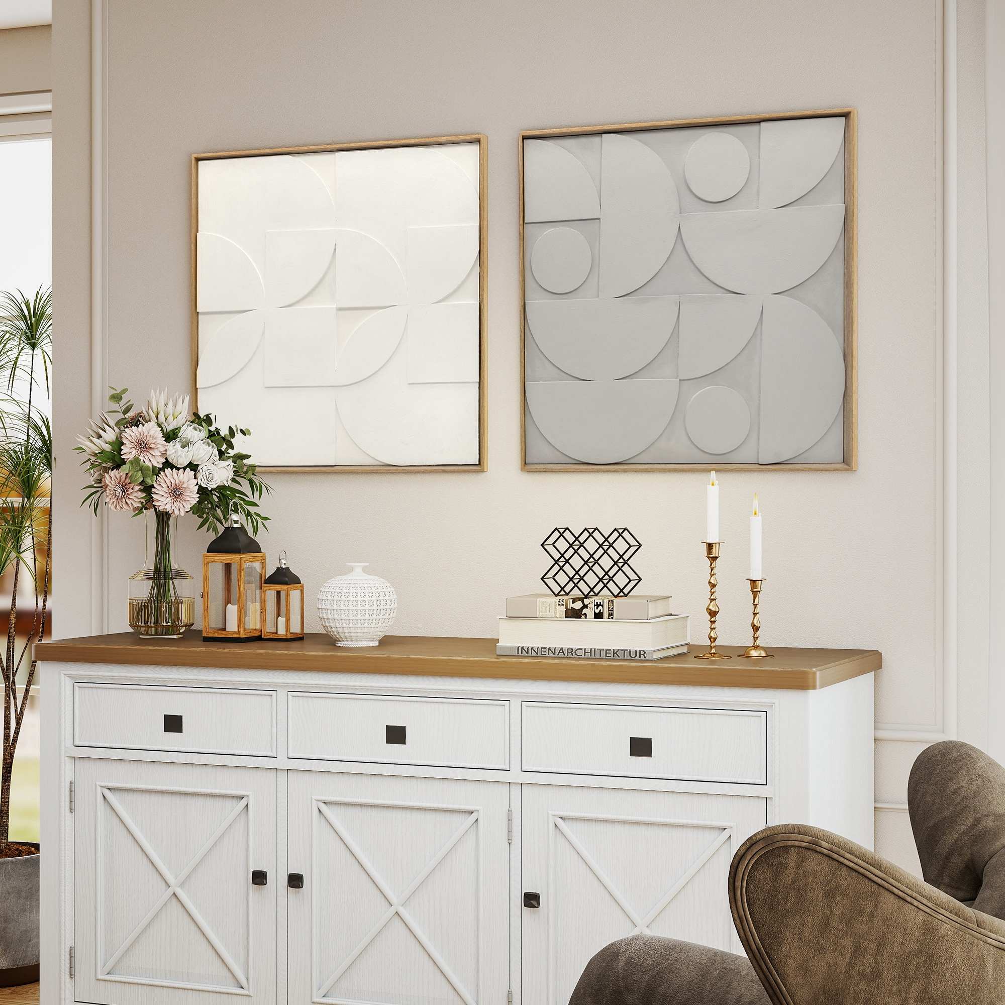3D Geometrisk Väggkonst Set, 2 Delar, 80x80 cm, Vit