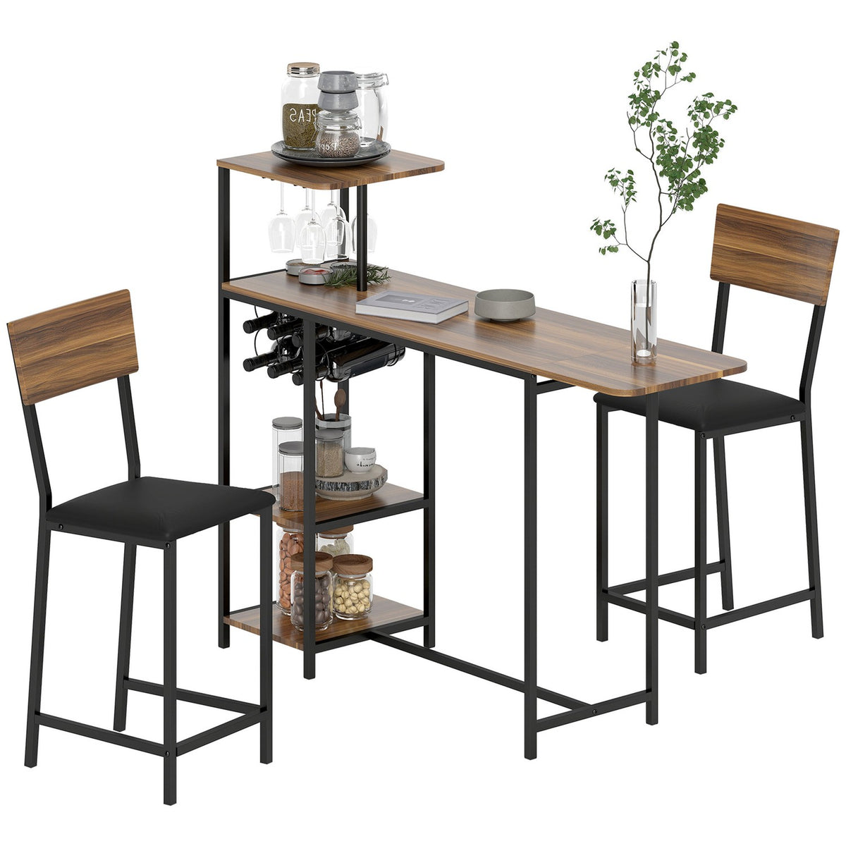 Ensemble table de bar 3 pièces avec porte-bouteilles et porte-verres