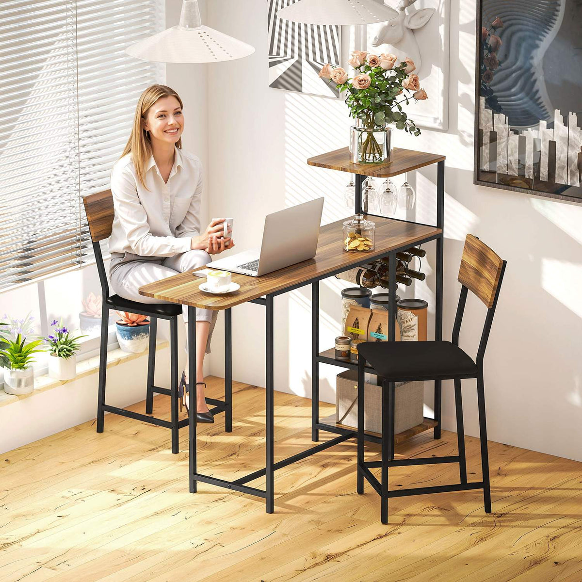 Ensemble table de bar 3 pièces avec porte-bouteilles et porte-verres