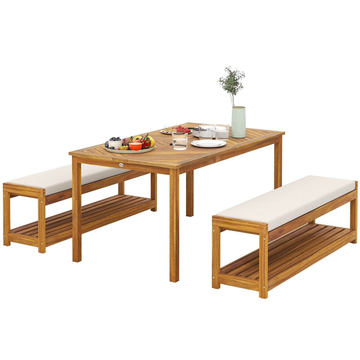 3-delad trädgårdsmöbelset, sittset inklusive 1 matbord med paraplyhål, 2 bänkar 150 x 85 x 75 cm teak