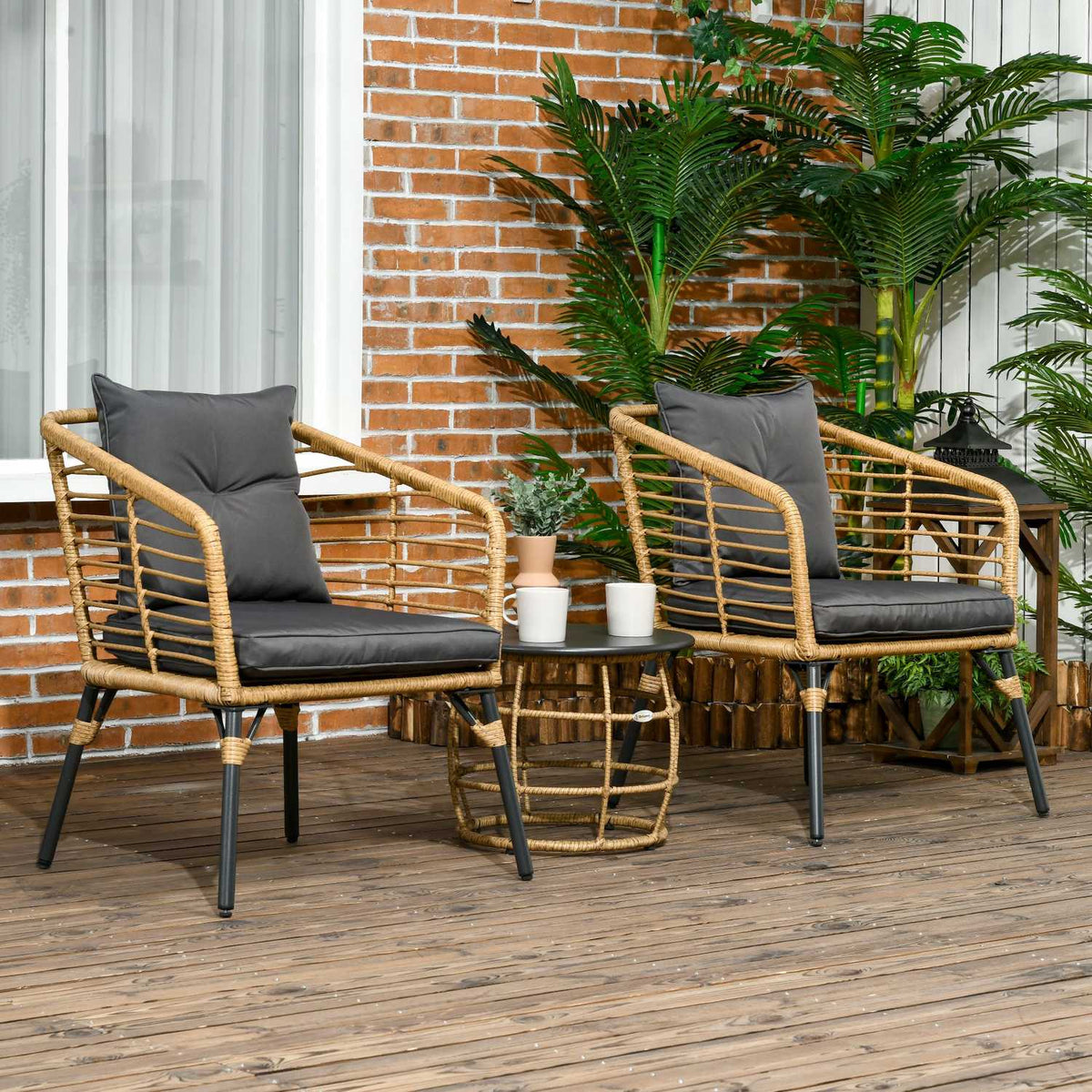 3-teiliges Terrassenset aus Rattan mit Kissen, sand/dunkelgrau