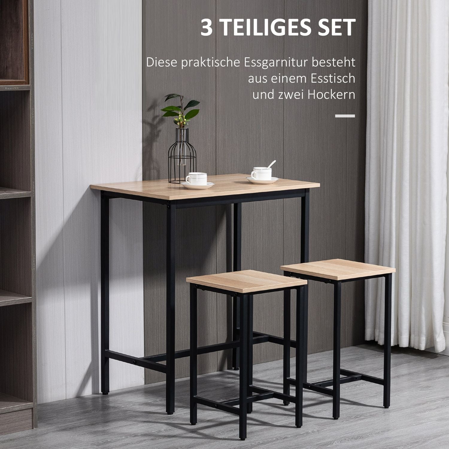 3-delat bistroset, naturligt trälook och stål, 80x50x85 cm