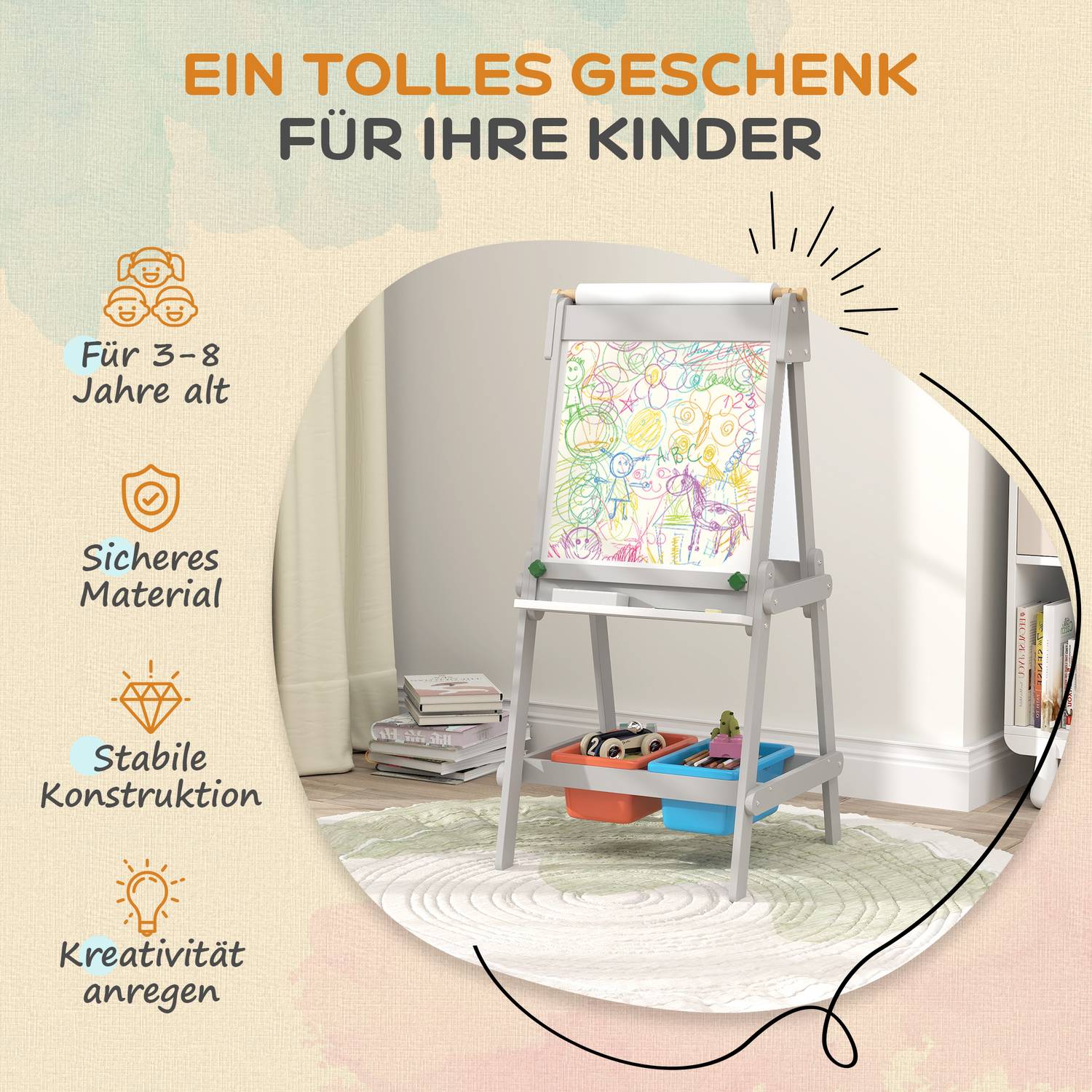 3-i-1 barn staffli: svarta tavla, whiteboard, förvaring – grå
