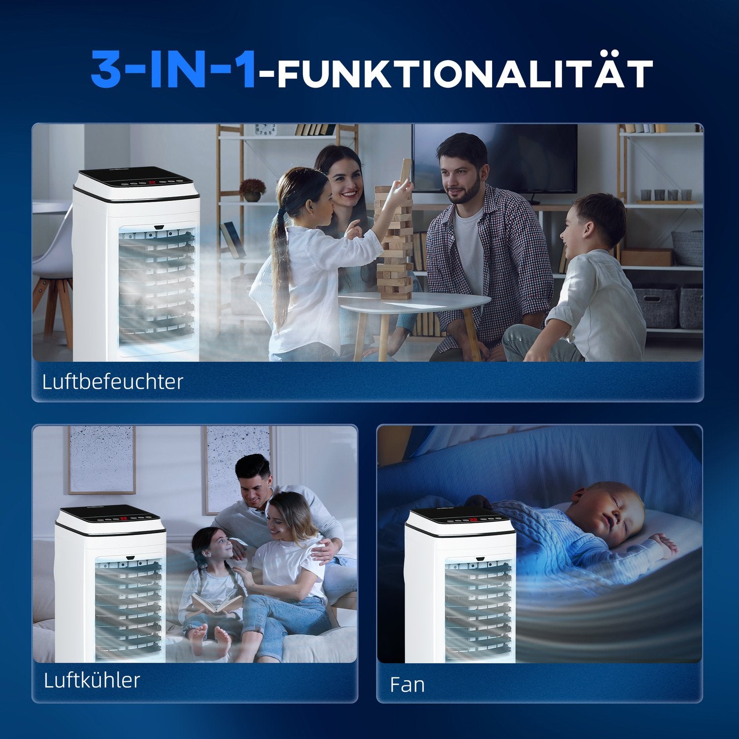 3-i-1 bärbar luftkonditionering med luftfuktare, 4L, fjärrkontroll
