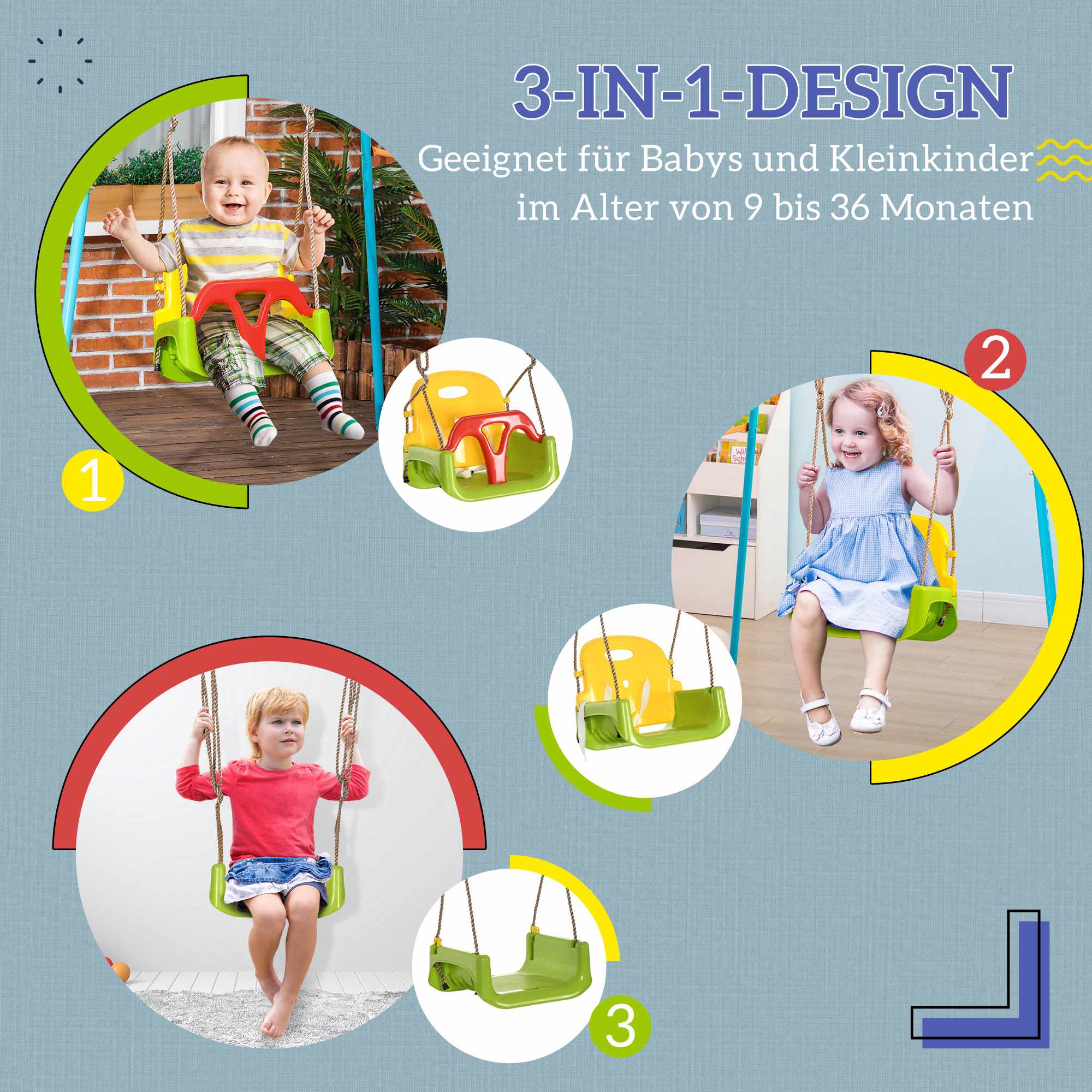 3-i-1 justerbar babygungsits, inomhus-/utomhusbruk