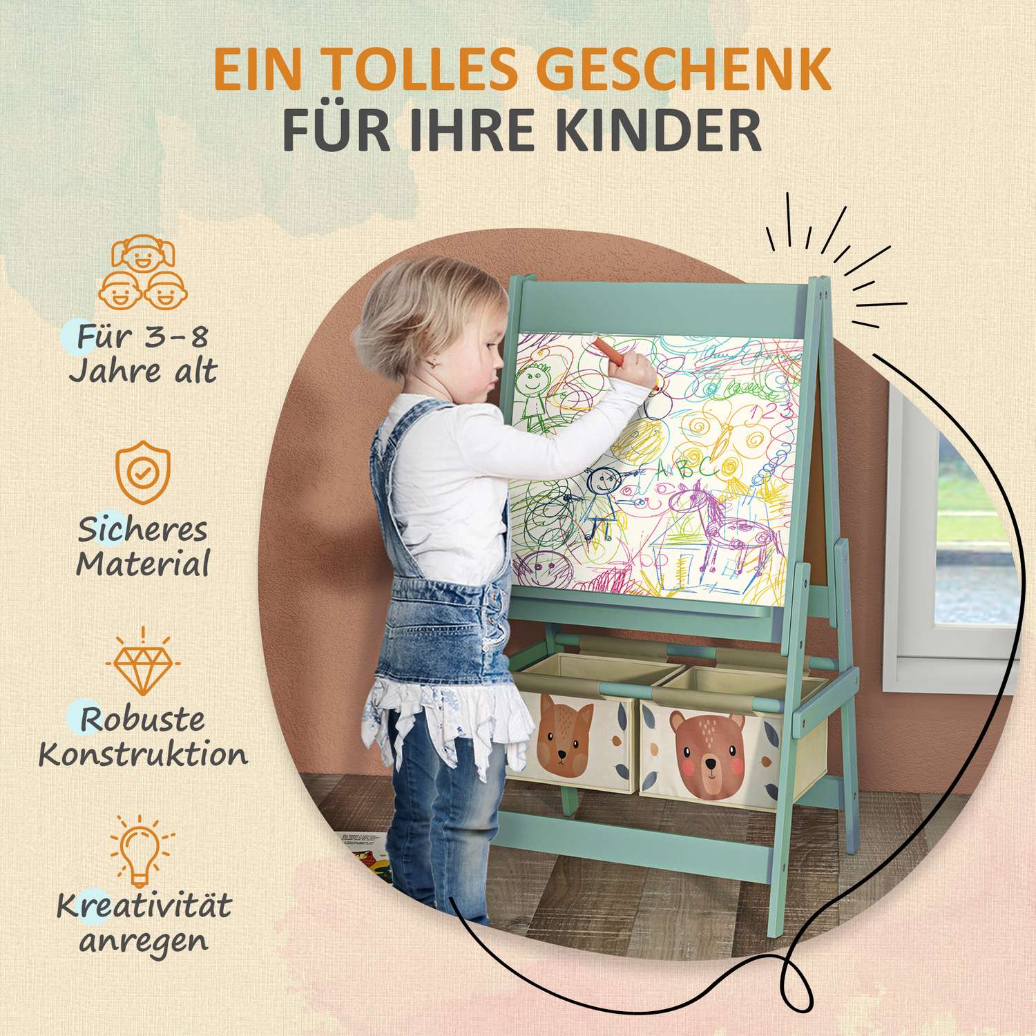 3-i-1 staffli för barn – Svarta tavla och whiteboard med pappersrulle