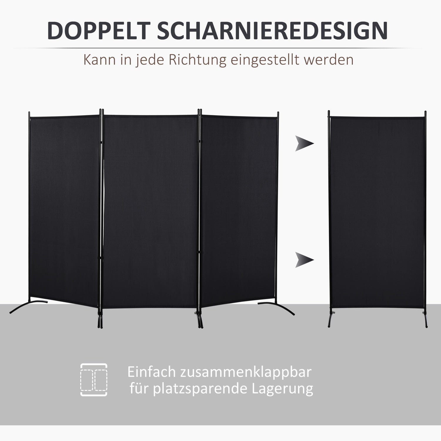 3-panels rumsavdelare, svart metallram, sekretessskärm