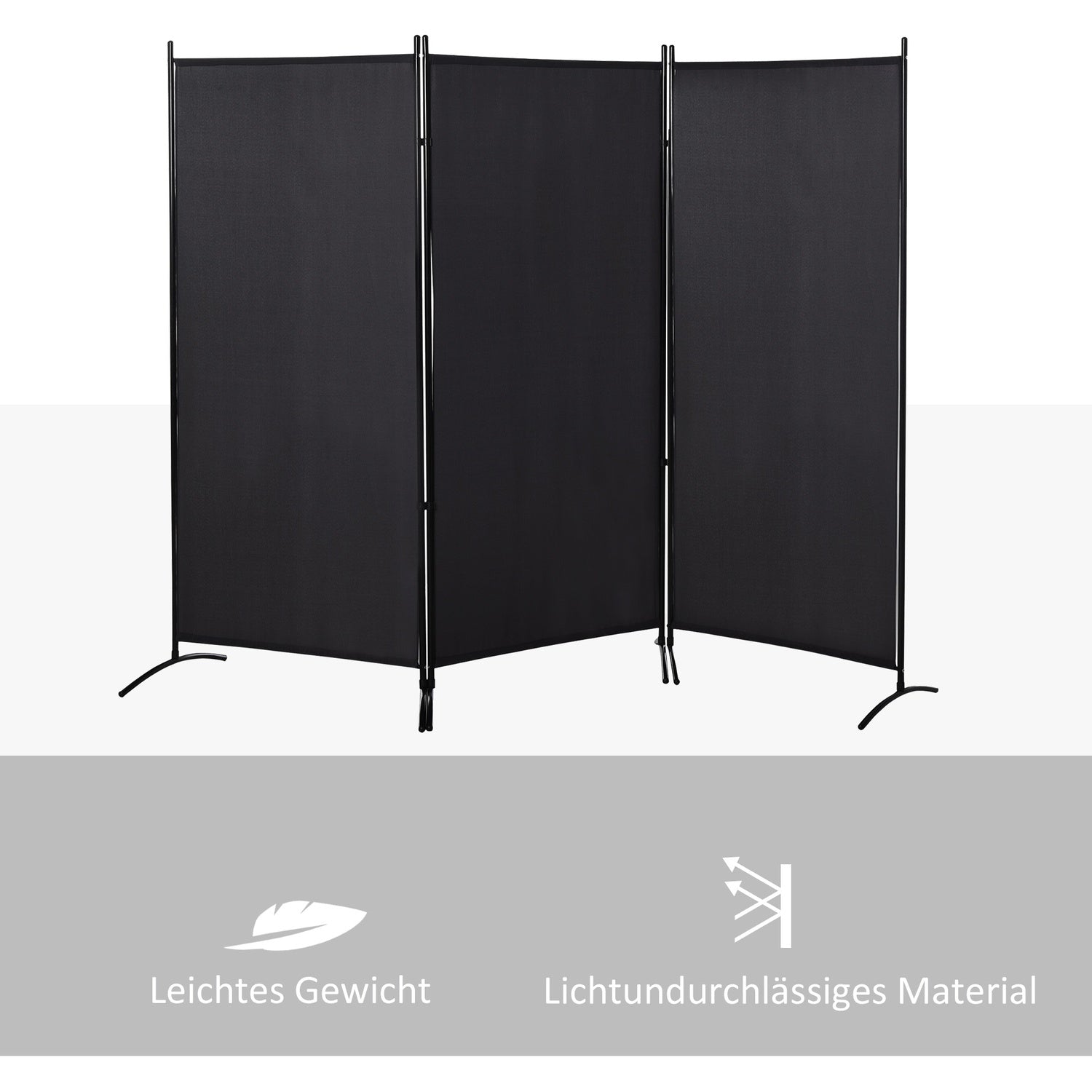 3-panels rumsavdelare, svart metallram, sekretessskärm