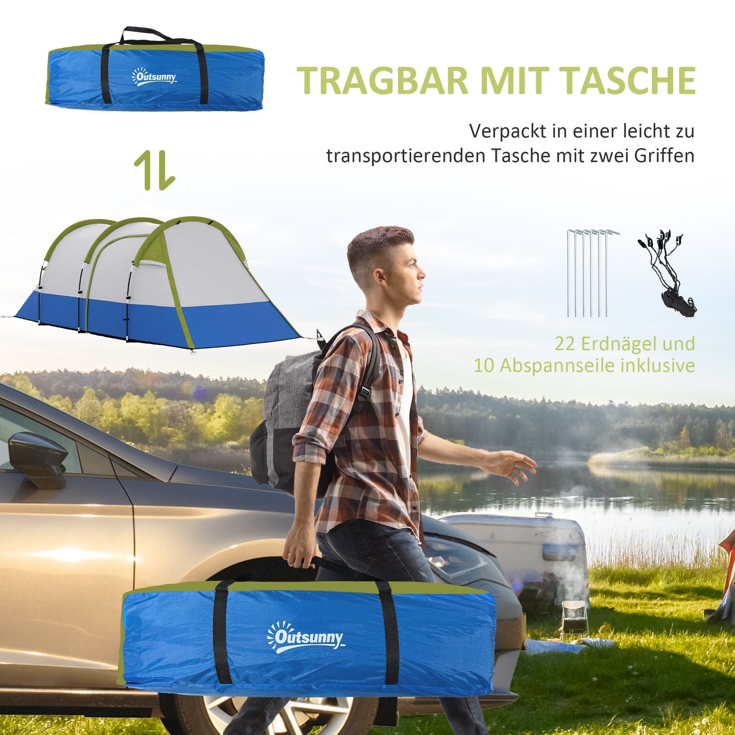 3-personers tunneltält, vindtätt, 2 rum, vattenavvisande