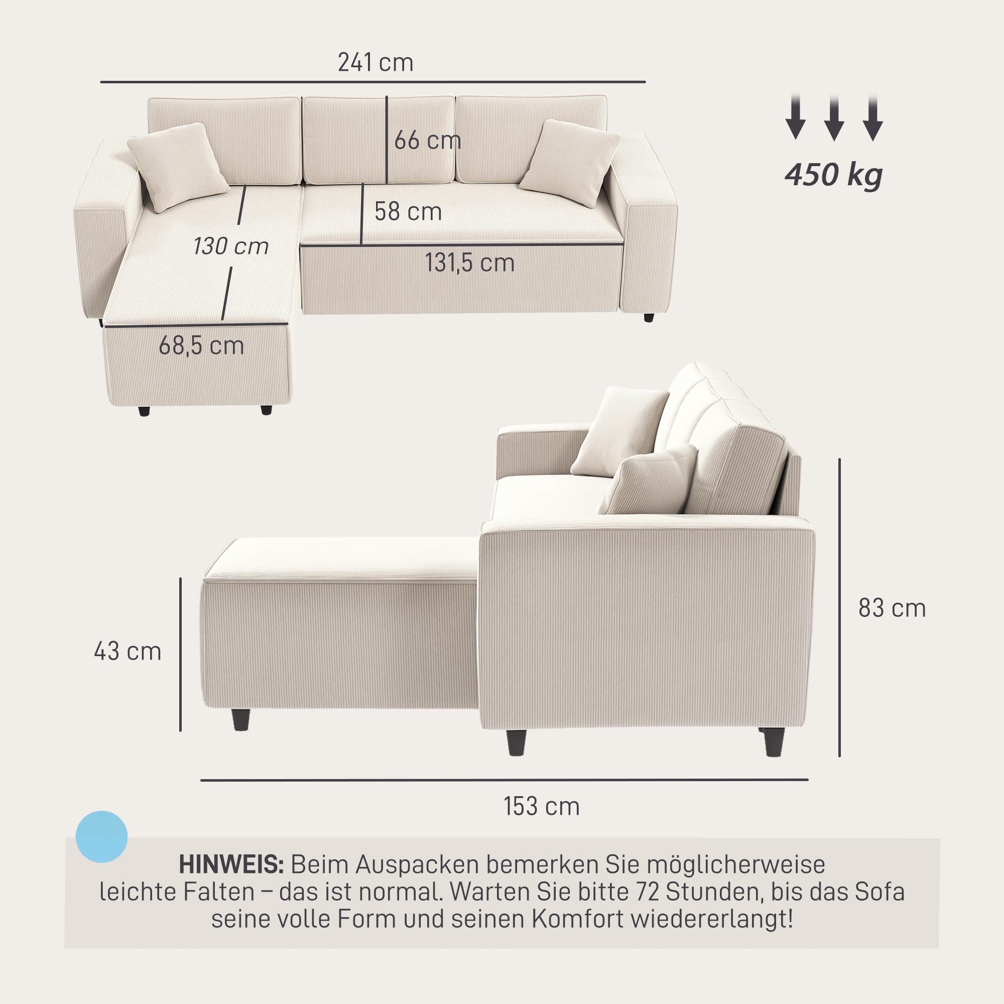 3-sits sektionssoffa med vändbar schäslong, krämfärgad manchester