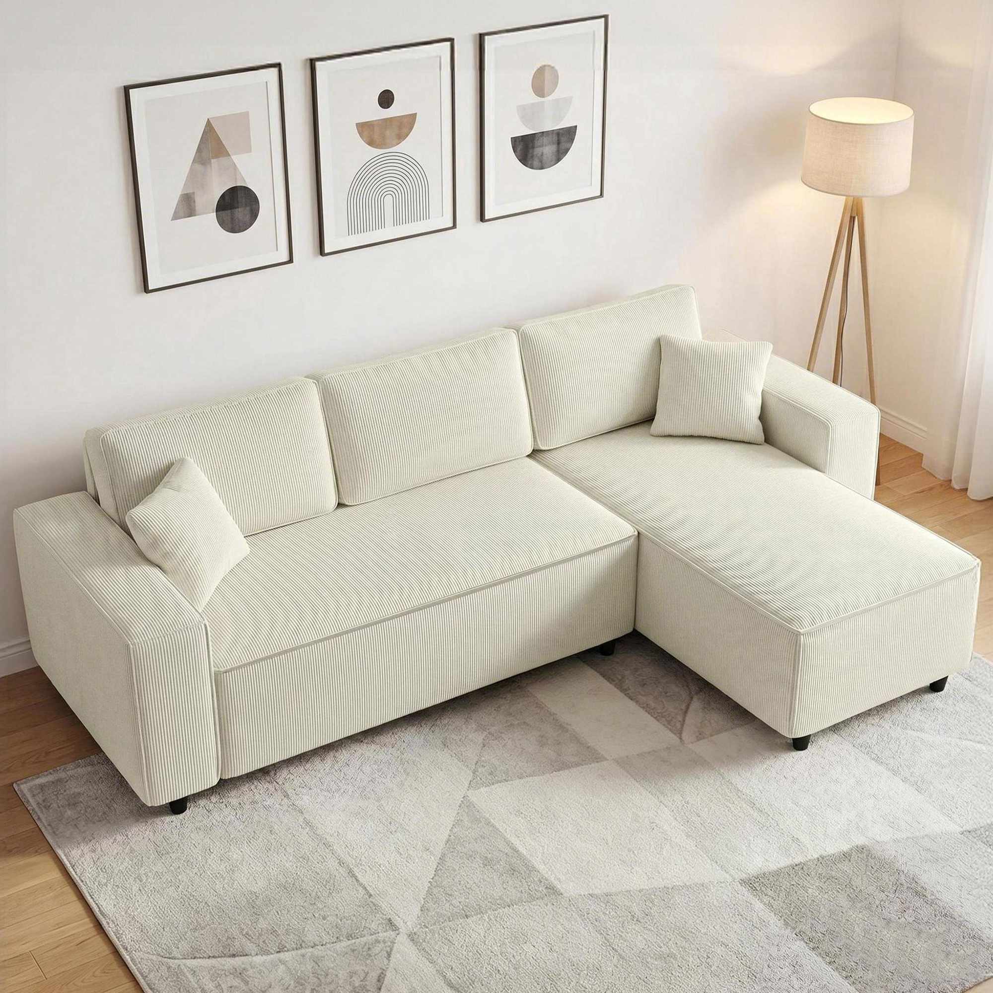 3-sits sektionssoffa med vändbar schäslong, krämfärgad manchester