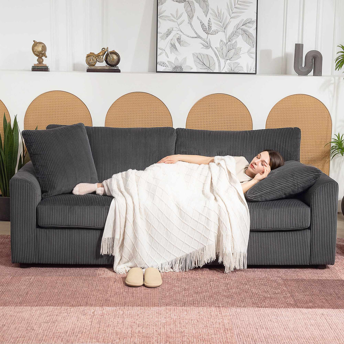 3-sits soffa i sladd med kuddar, 212 cm, mörkgrå