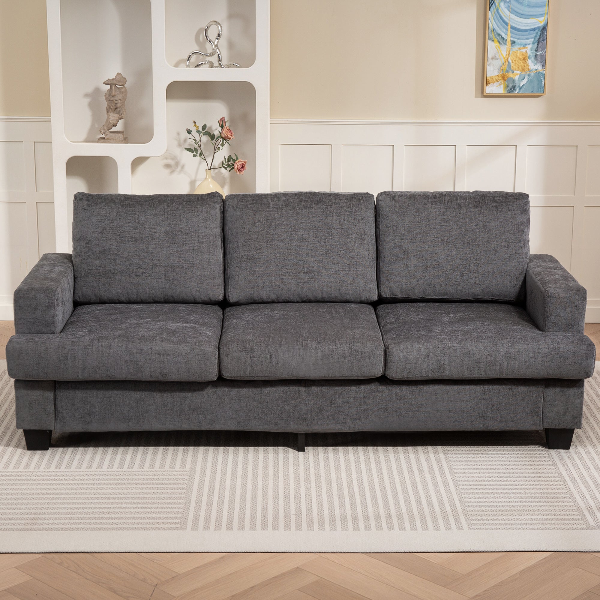 3-sits soffa, klädsel i grå tyg, Stålstomme