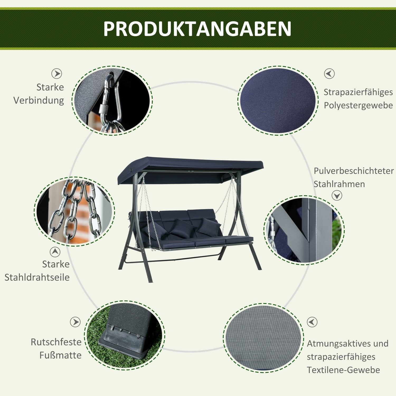 3-sits trädgårdsgunga, justerbar kapell och kuddar, kapacitet 270 kg