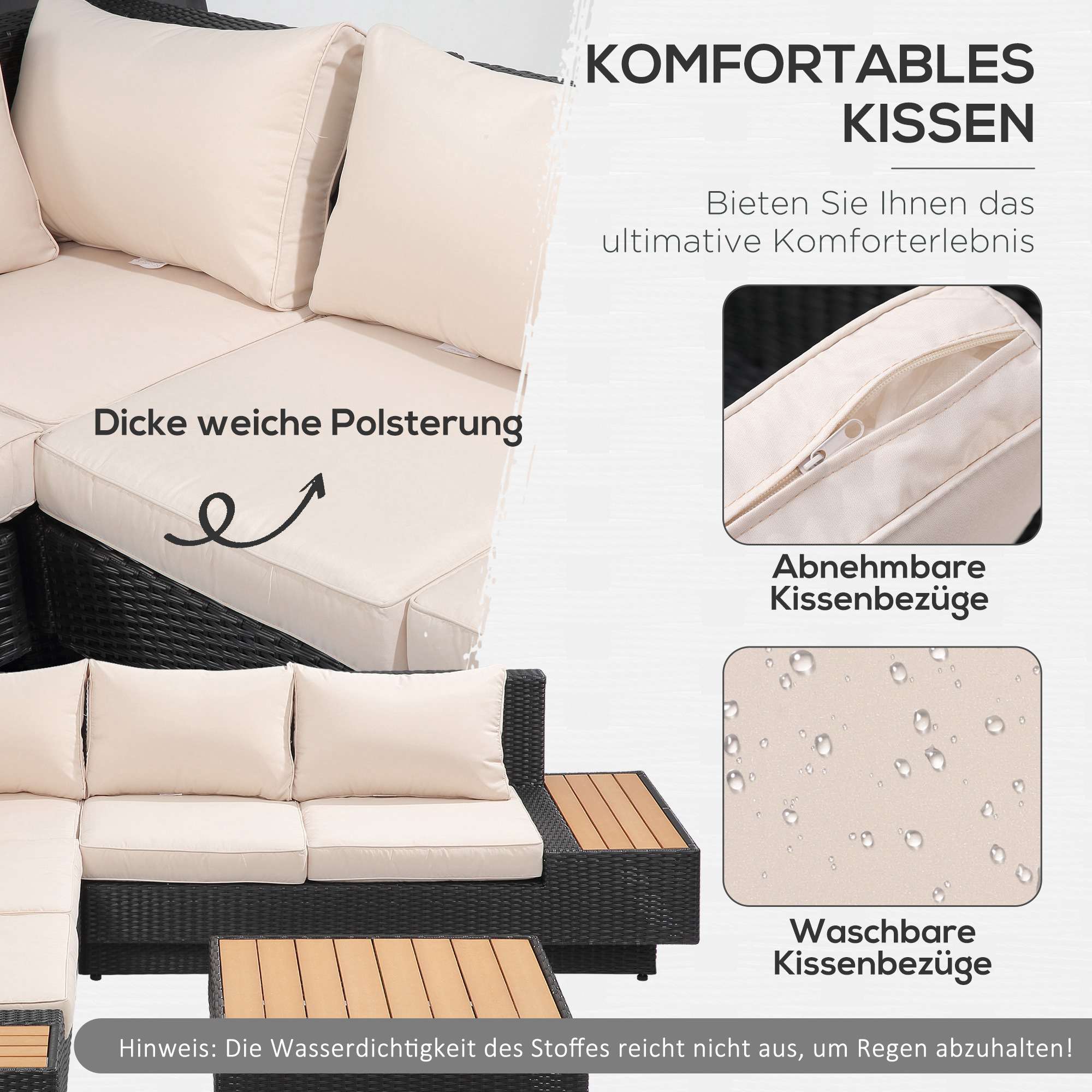 4-delad svart polyrattan utomhusloungegrupp med kuddar
