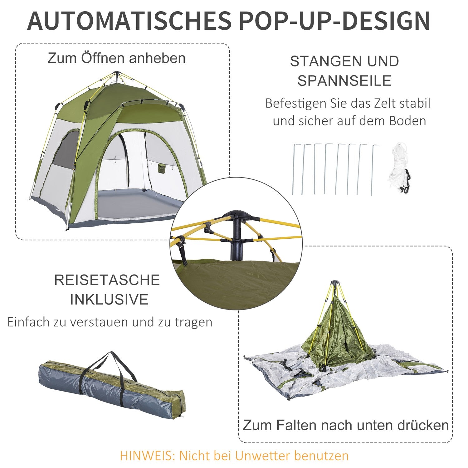 4-personers campingtält, enkel installation, väderbeständig, grön-grå