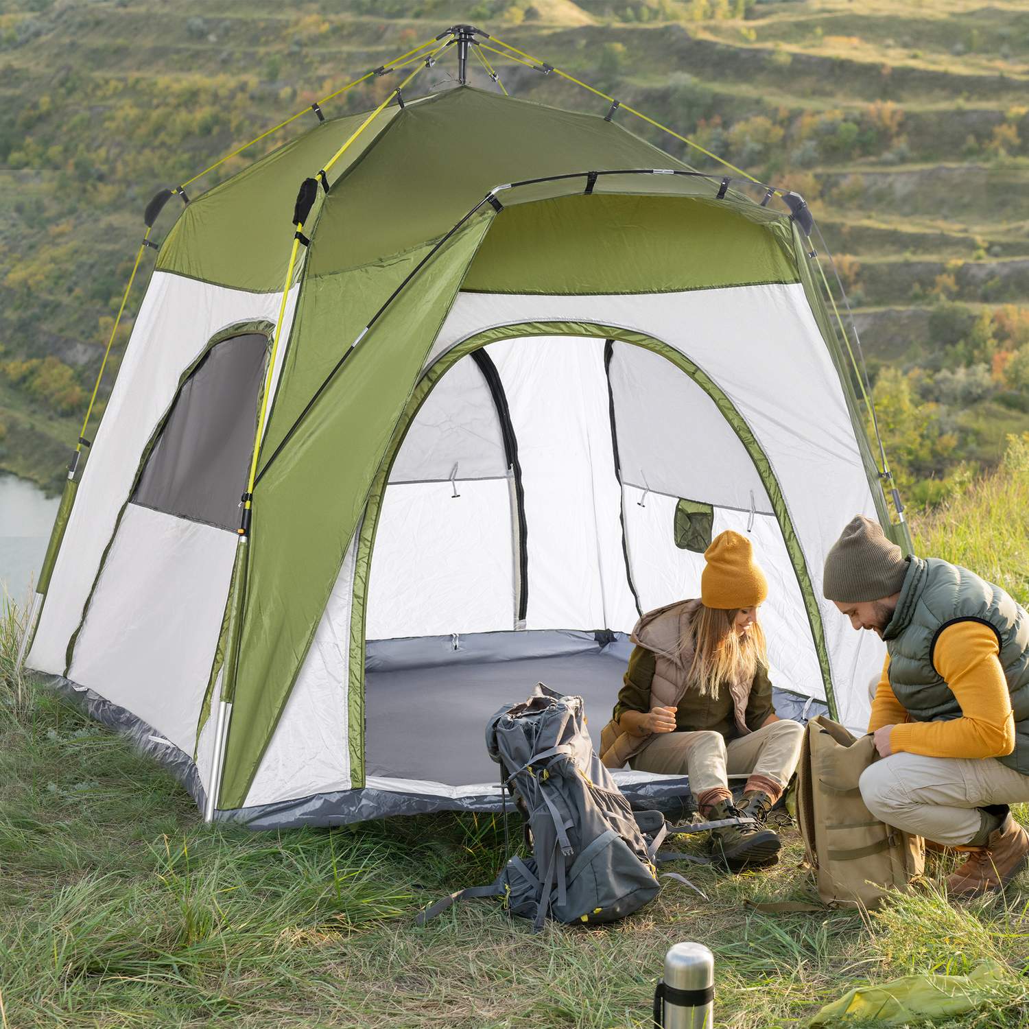 4-personers campingtält, enkel installation, väderbeständig, grön-grå