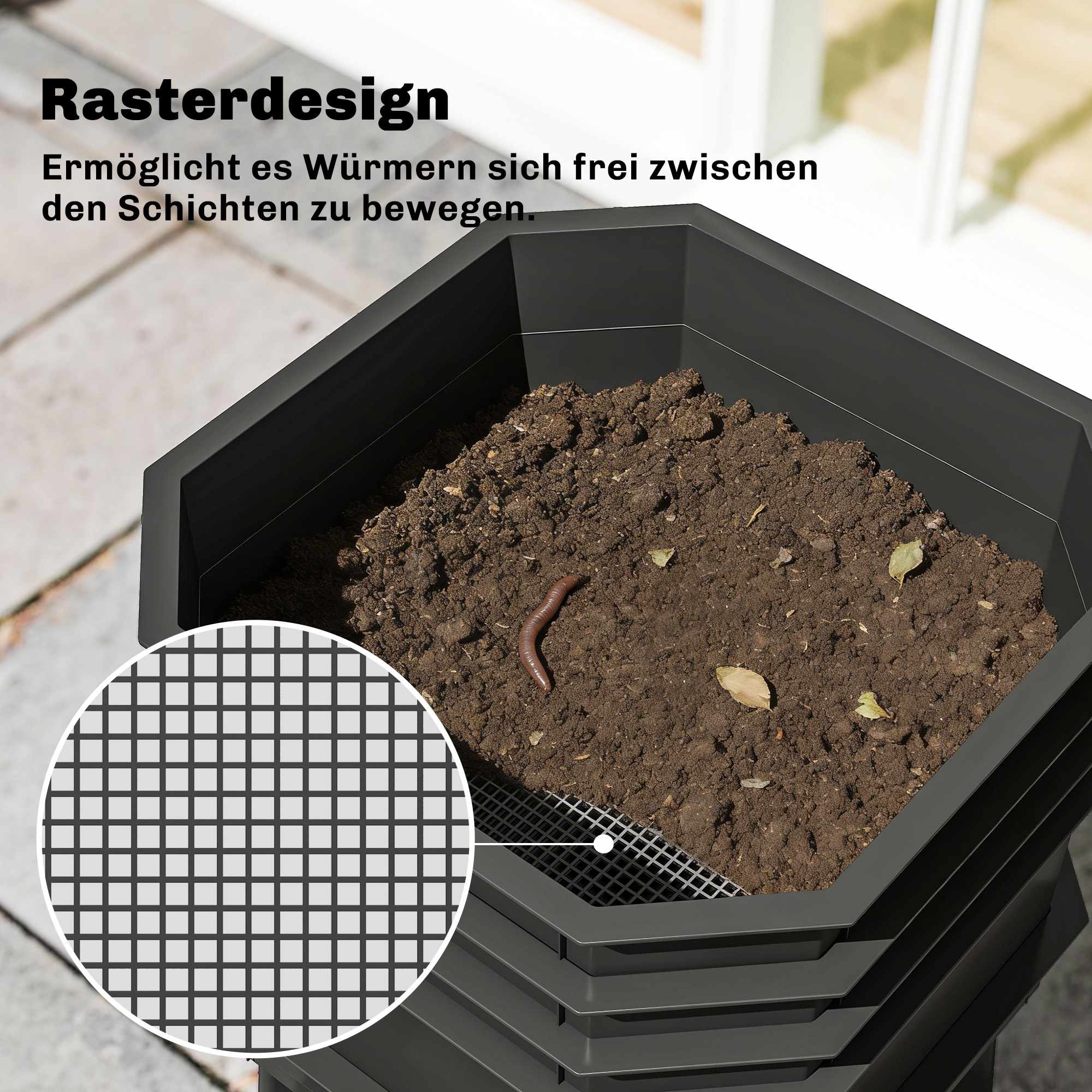 4-våningars kompostbehållare för kök – mörkgrå, plast, 39x39x51,5 cm