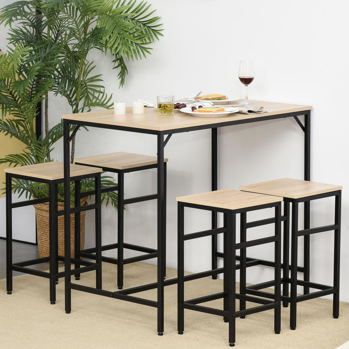 Set tavolo da bar 5 pezzi, struttura in acciaio, finitura rovere