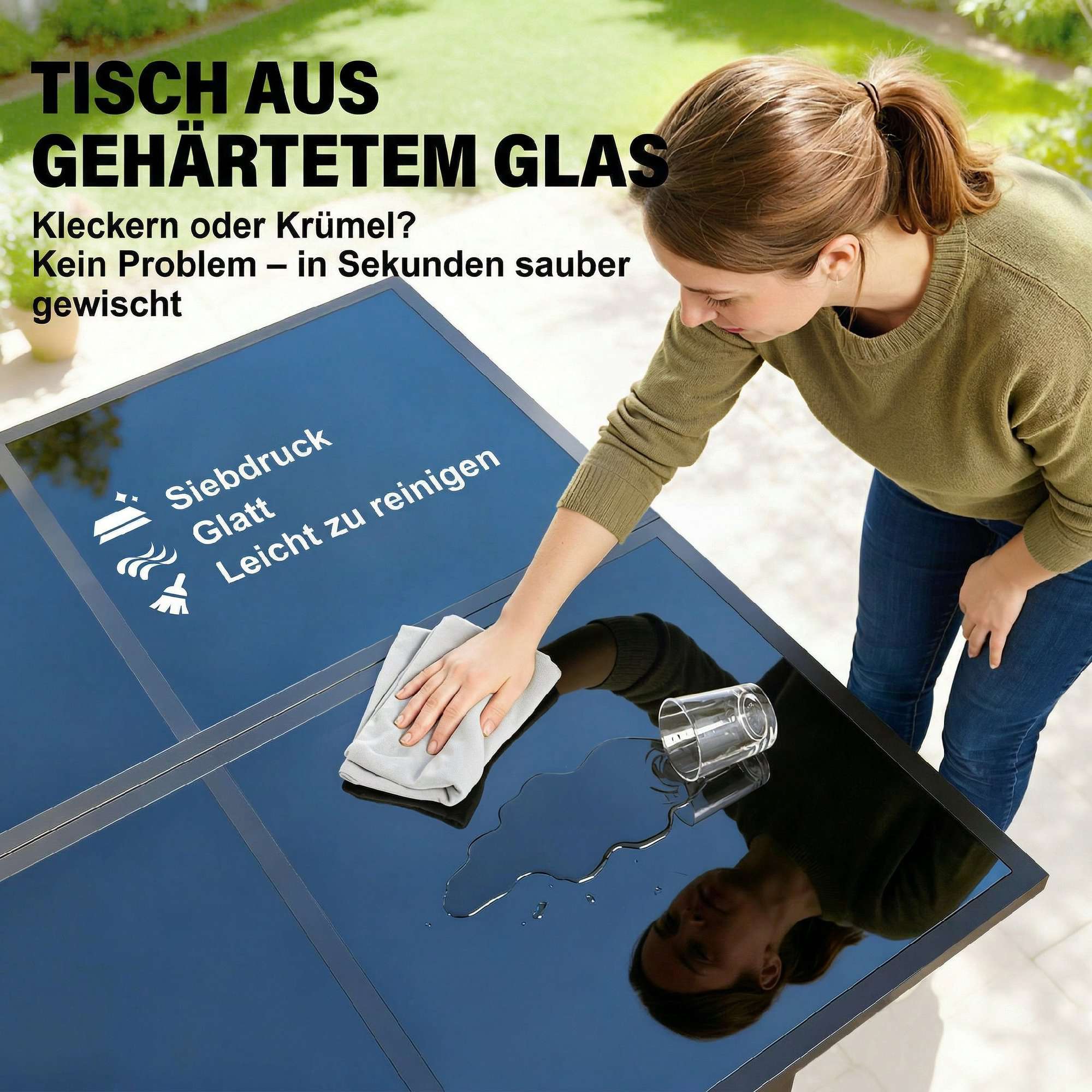 5-delad matgrupp för utomhusbruk med glasbord och fällstolar