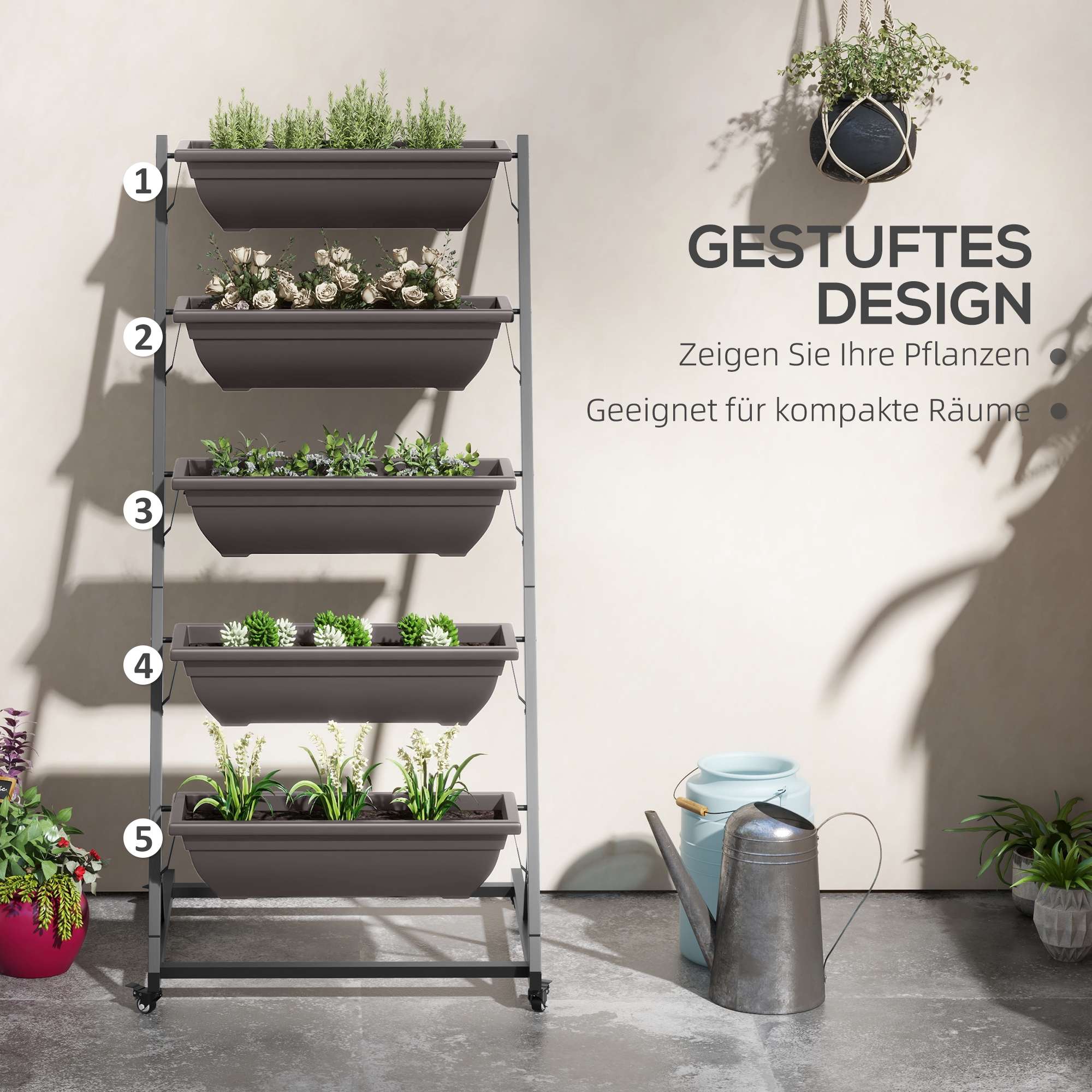 5-vånings växtställ med hjul, 145 cm högt, stål