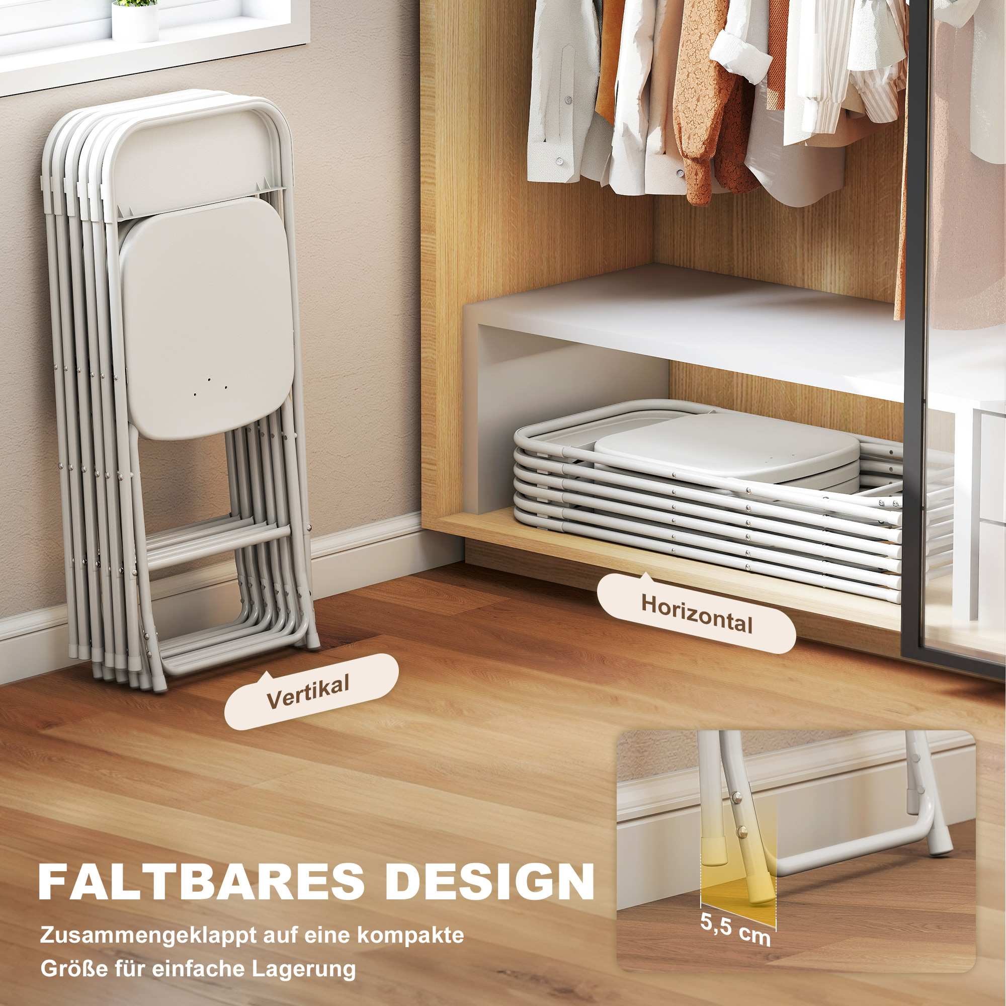 6-delade fällstolar, vita, stålram, dräneringshål