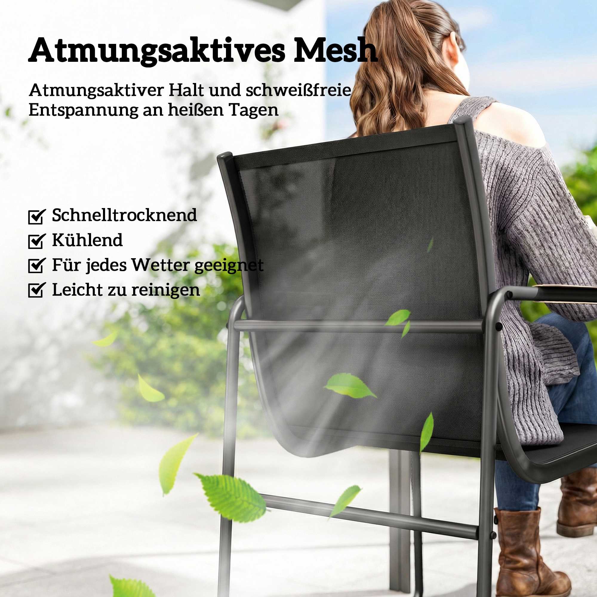 7-delad matgrupp för utomhusbruk, stålram, nätstolar