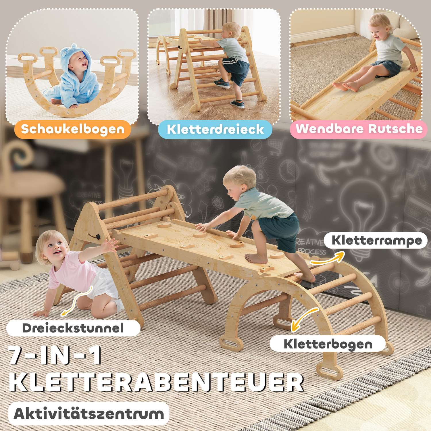 7-i-1 klätterset för barn, hopfällbart lekgym i trä