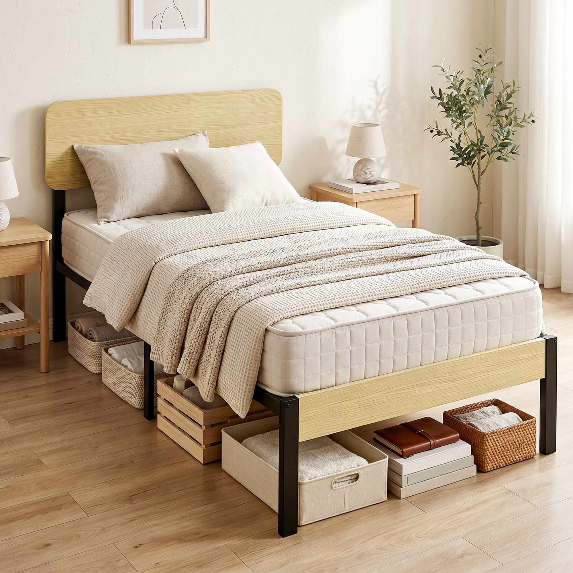 90 x 200 cm sängram i metall med huvudgavel, förvaring